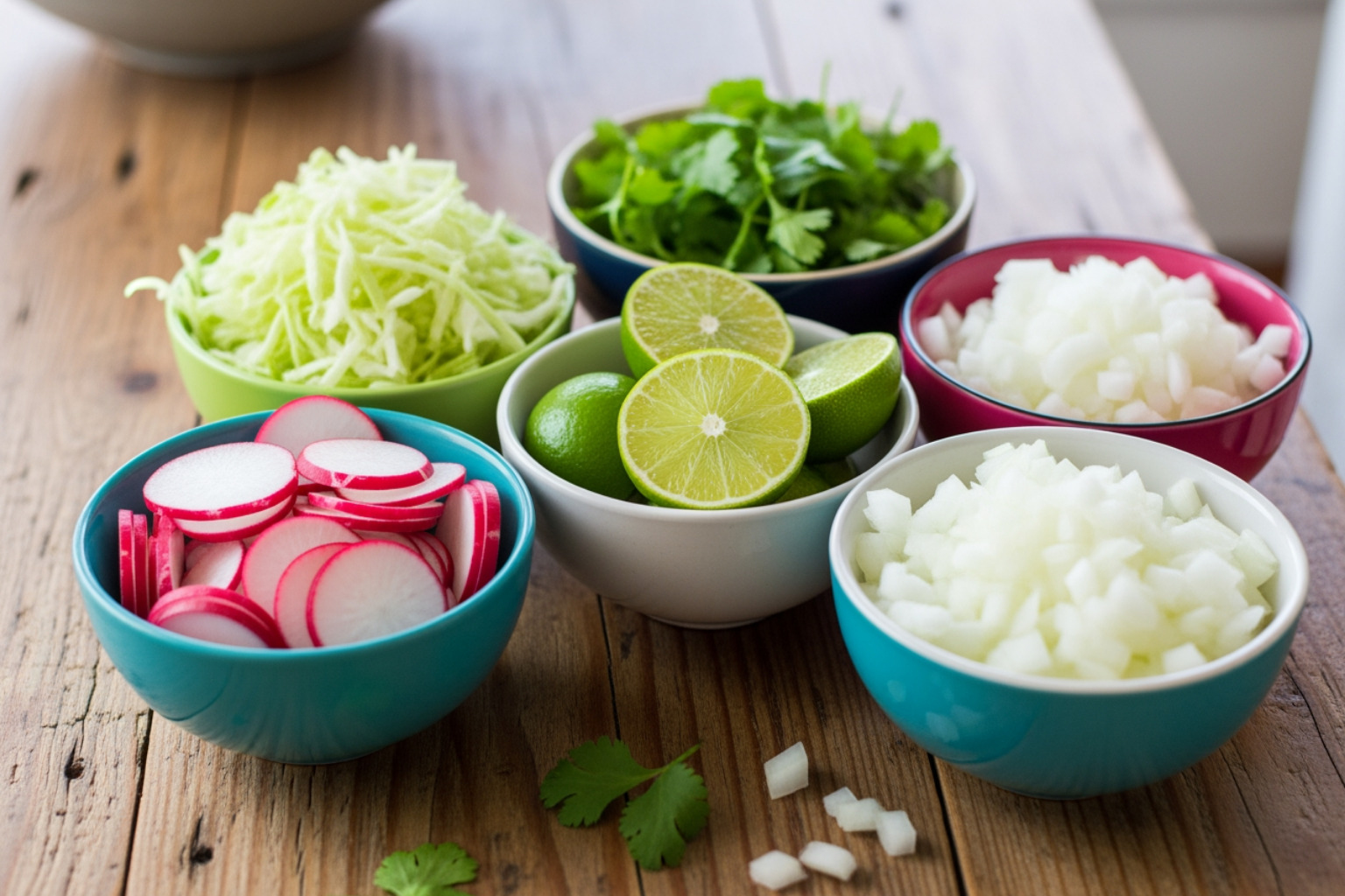 colorful spread of pozole toppings in small bowls - pozole colorful spread of pozole toppings in small bowls - pozole