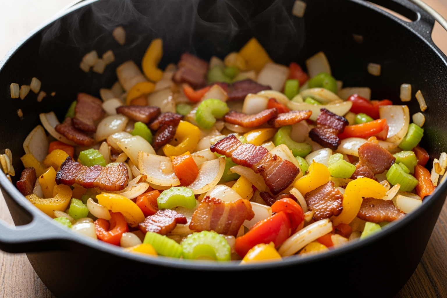 aromatics and bacon sautéing in a Dutch oven - black eyed peas recipe