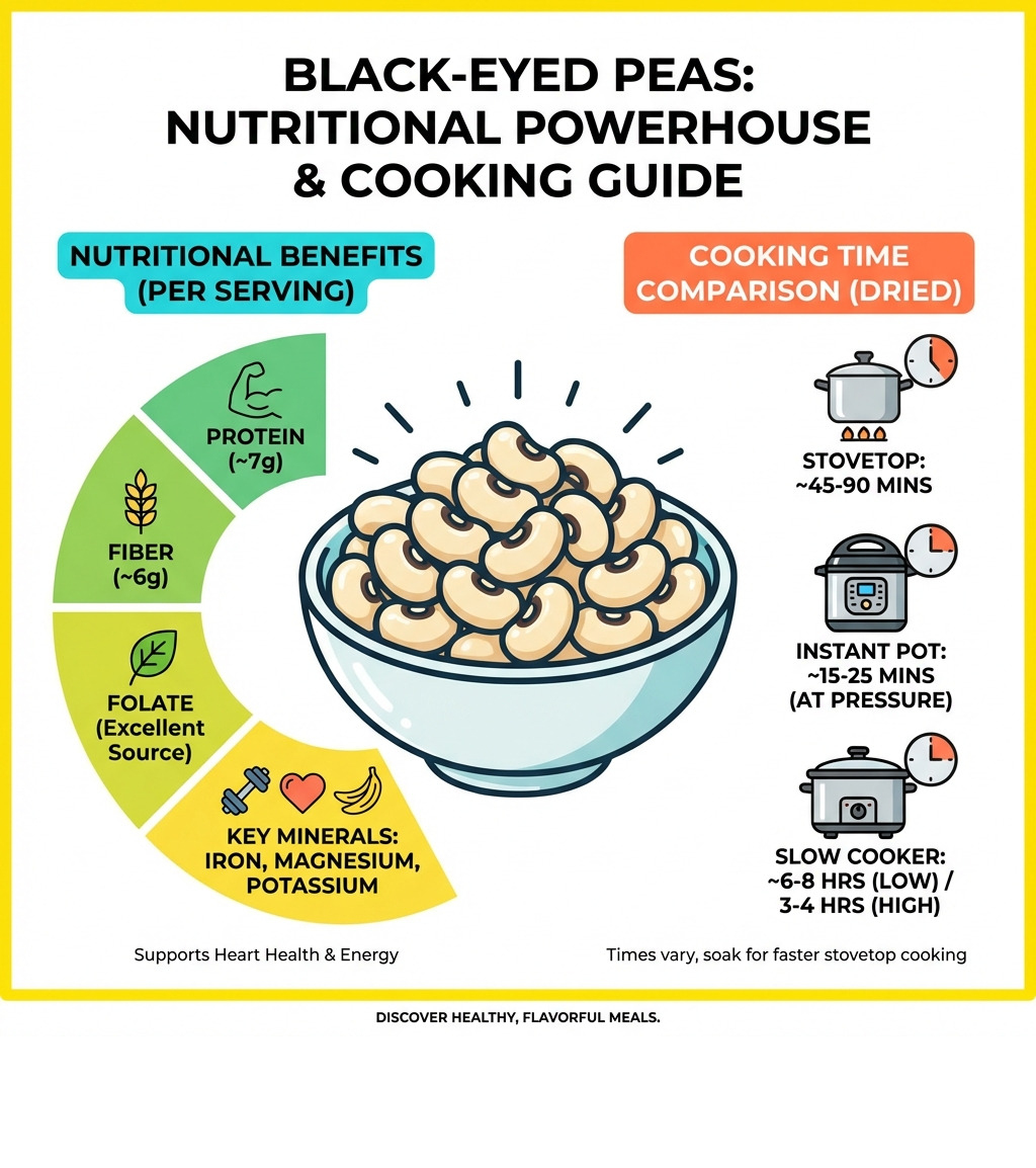 infographic showing nutritional benefits of black eyed peas including protein content per serving, fiber grams, key vitamins and minerals like folate iron magnesium and potassium, plus cooking time comparison between stovetop instant pot and slow cooker methods - black eyed peas recipe infographic 