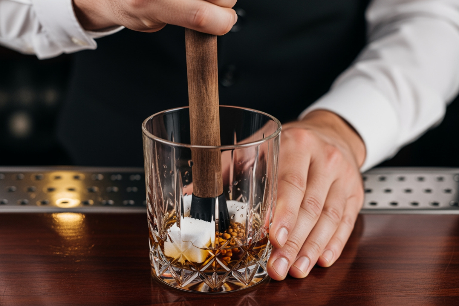 bartender muddling sugar - old fashioned recipe