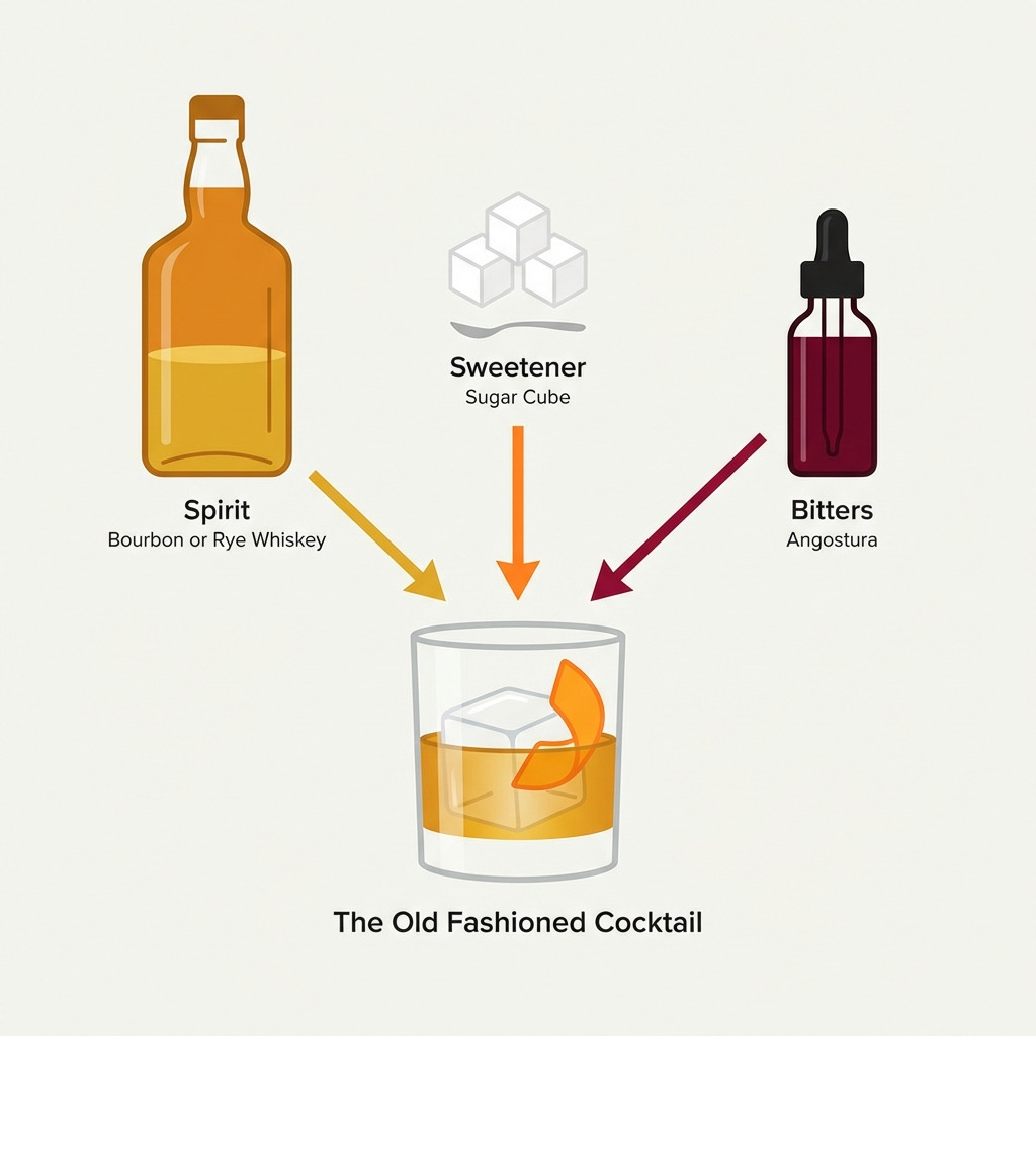 Infographic showing the three essential components of an Old Fashioned: a whiskey bottle labeled Spirit, sugar cubes labeled Sweetener, and a bitters bottle labeled Bitters, with arrows pointing to a rocks glass in the center - old fashioned recipe infographic 