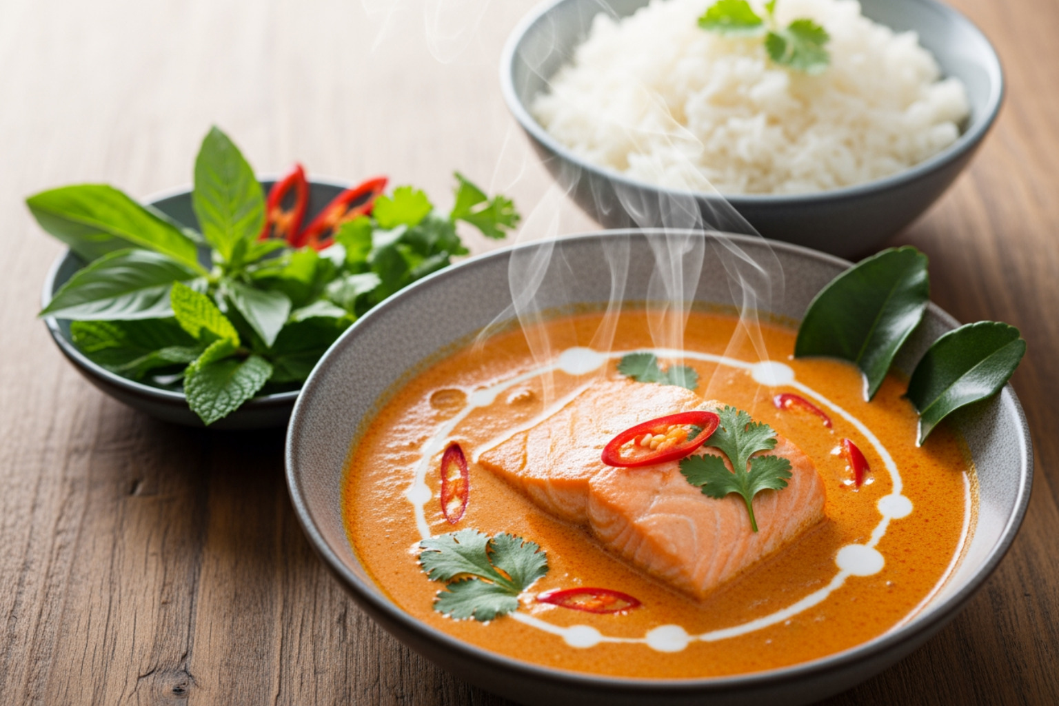 bowl of red curry with salmon - dinner ideas