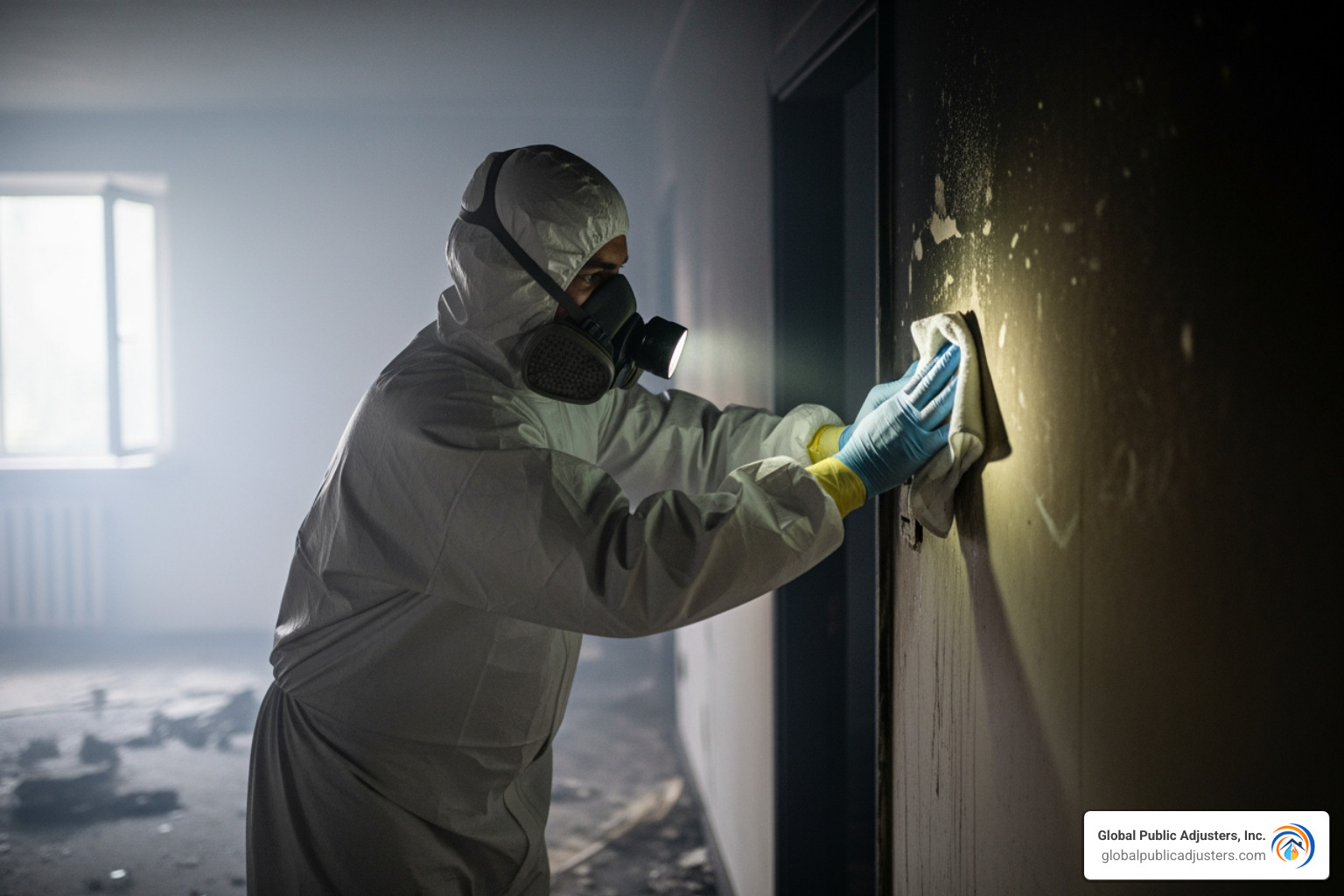 Person in PPE performing a wipe test on a wall - smoke damage