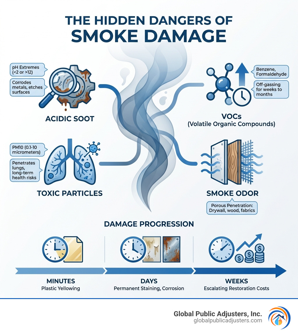 Infographic showing the hidden dangers of smoke damage: acidic soot with pH extremes corroding metals and etching surfaces, toxic particles including PM10 (0.1-10 micrometers) penetrating lungs and materials, VOCs like benzene and formaldehyde off-gassing for weeks to months, and smoke odor penetrating porous materials like drywall, wood, and fabrics with a timeline showing damage progression from minutes (plastic yellowing) to days (permanent staining) to weeks (escalating restoration costs) - smoke damage infographic 
