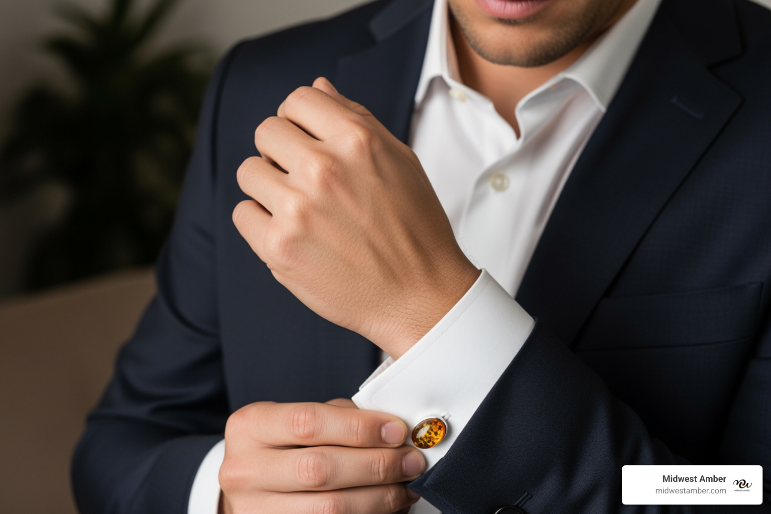 A man in a crisp white shirt and dark suit jacket, adjusting his amber cufflinks. The cufflinks feature a polished, oval-shaped amber stone set in sterling silver, adding a touch of warmth and sophistication to his formal attire. - Amber jewelry for men