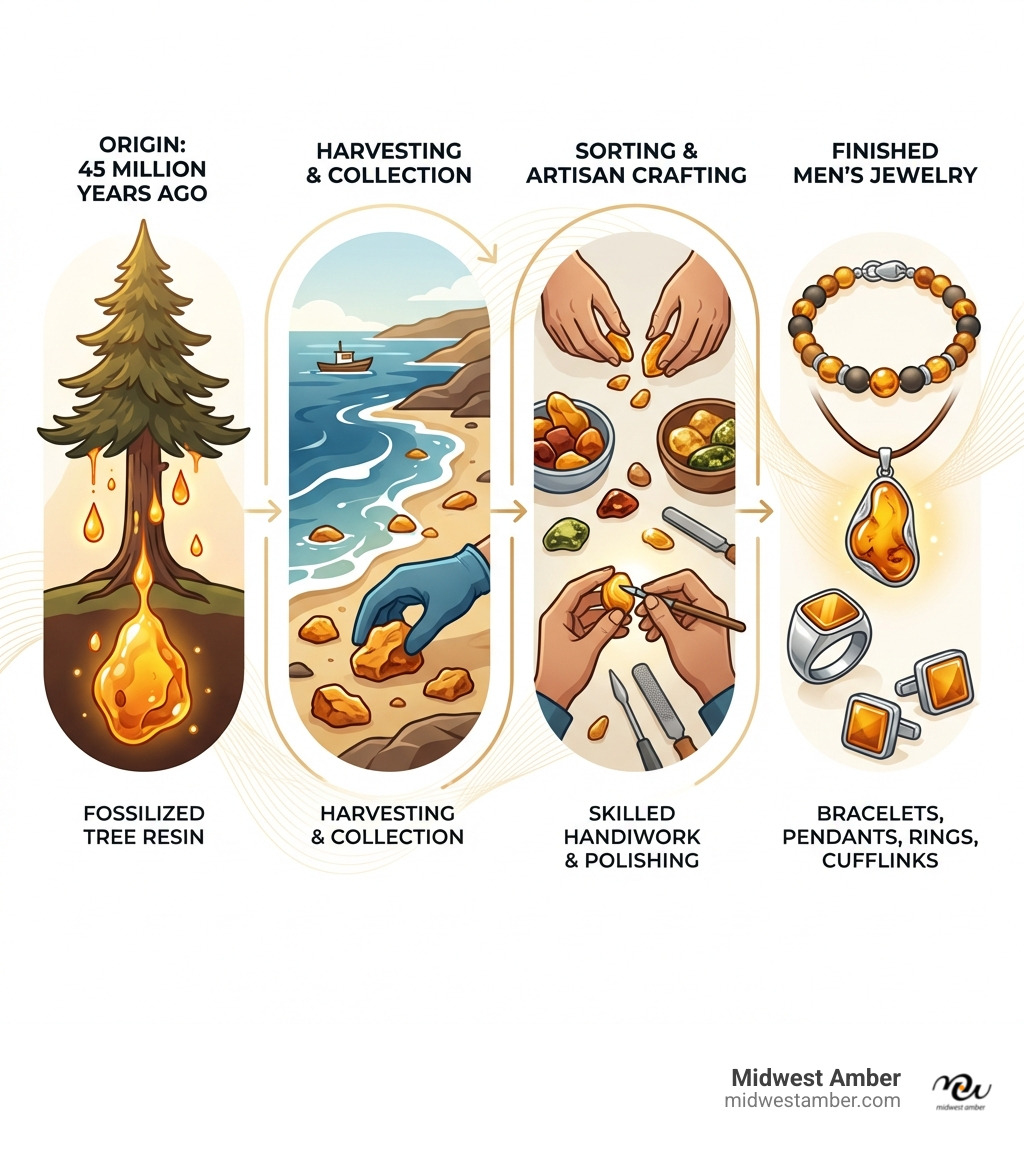 Infographic showing the journey of Baltic Amber from 45-million-year-old fossilized tree resin through harvesting, sorting, crafting by artisans, and finishing as polished jewelry pieces including bracelets, pendants, rings, and cufflinks for men - Amber jewelry for men infographic 