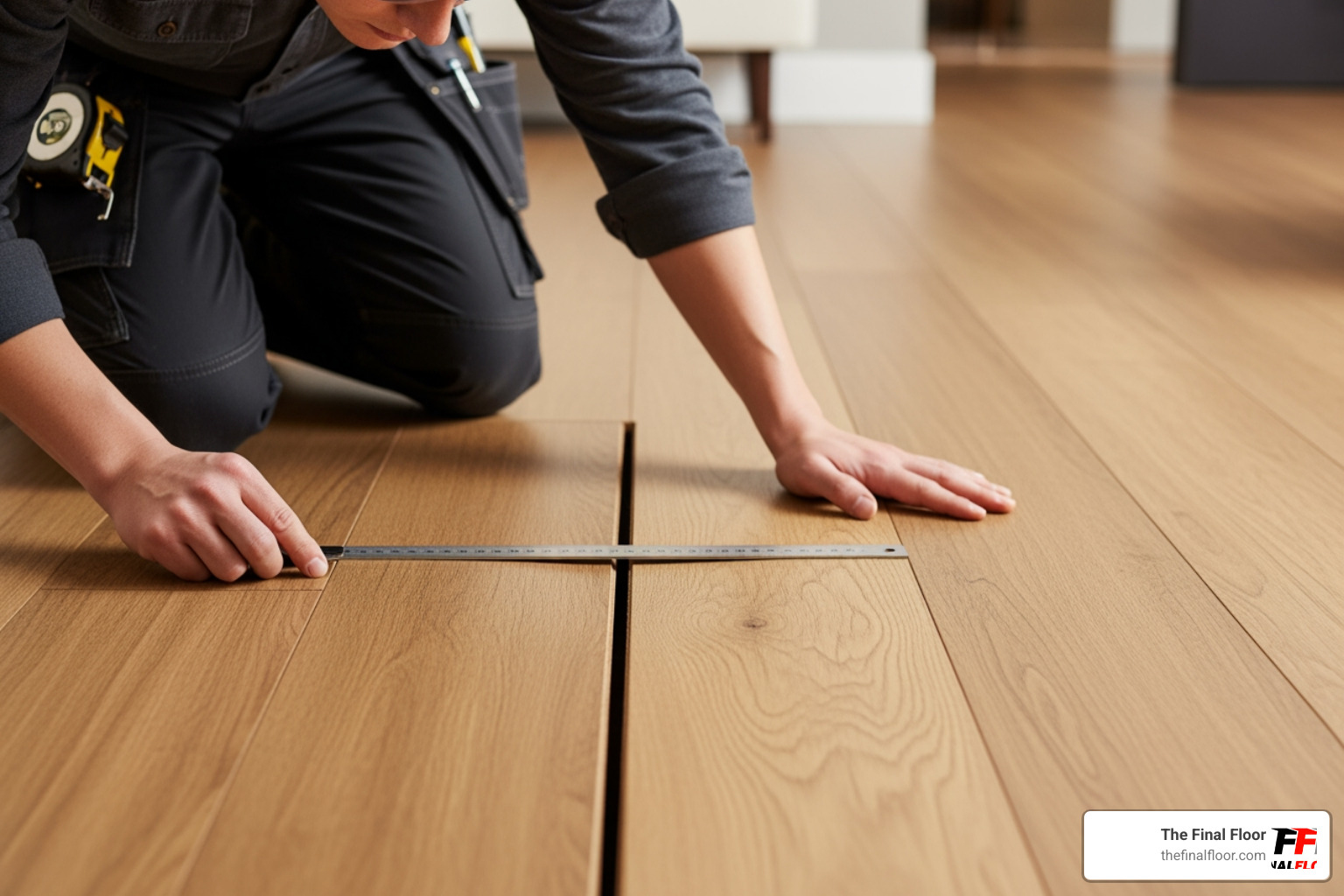 person inspecting cupped wood floor plank - water damage repair flooring