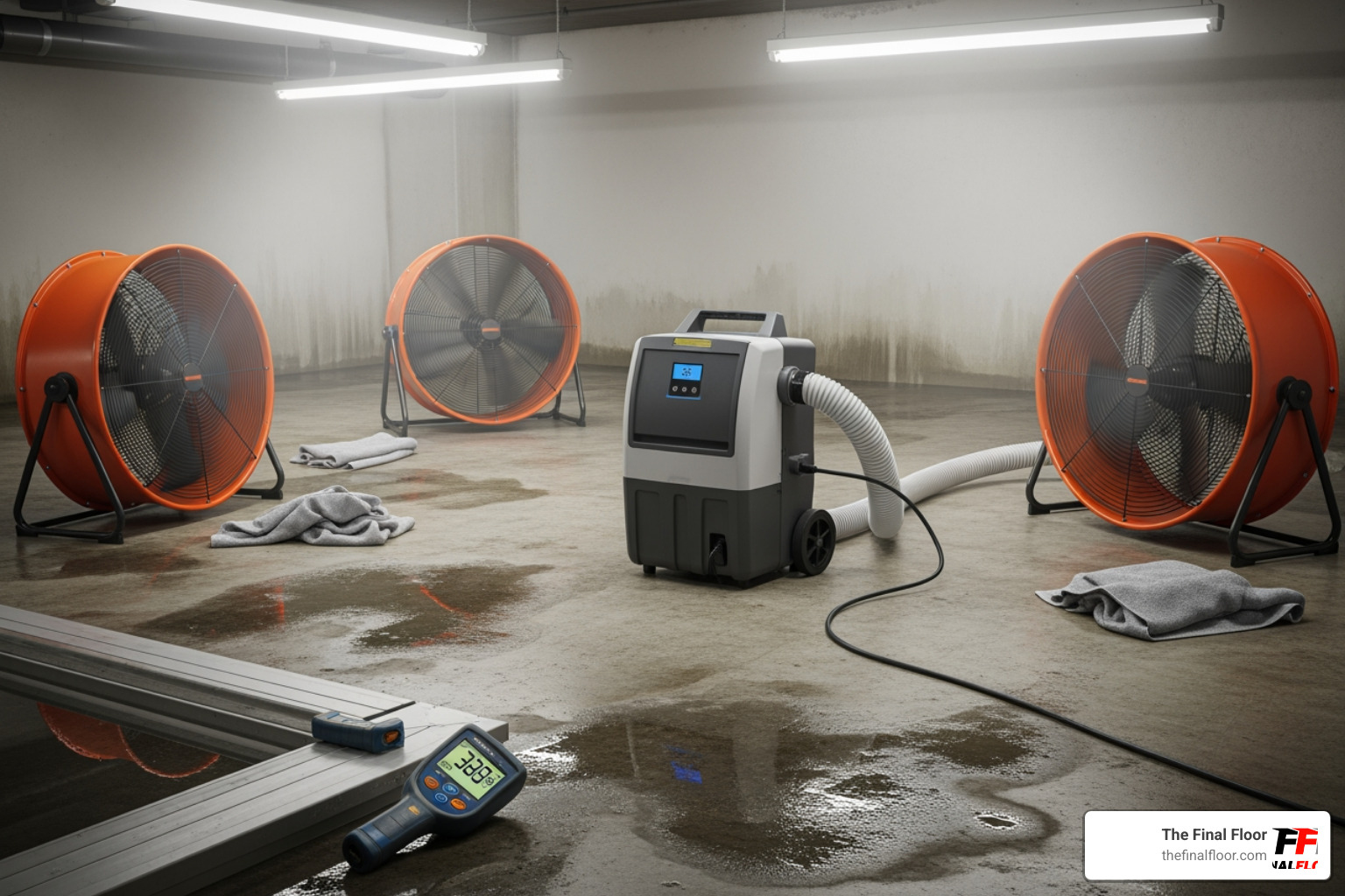 fans and a dehumidifier drying a room - water damage repair flooring
