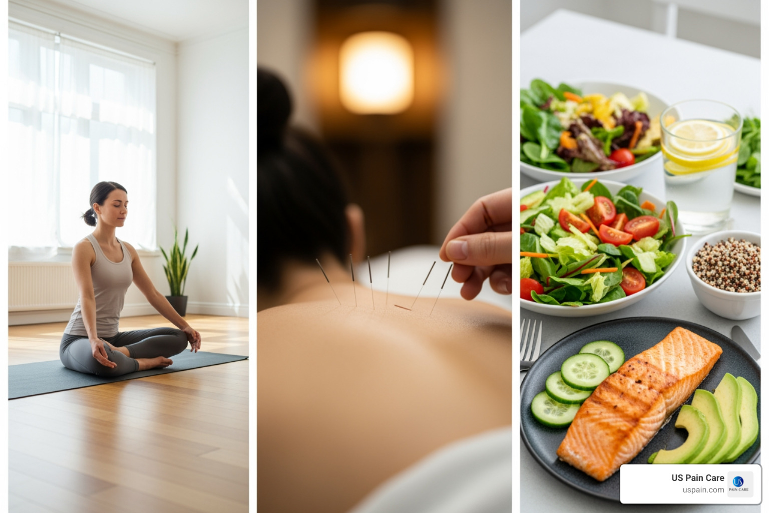 collage of holistic activities like yoga, acupuncture, and healthy eating - lower back pain holistic treatment