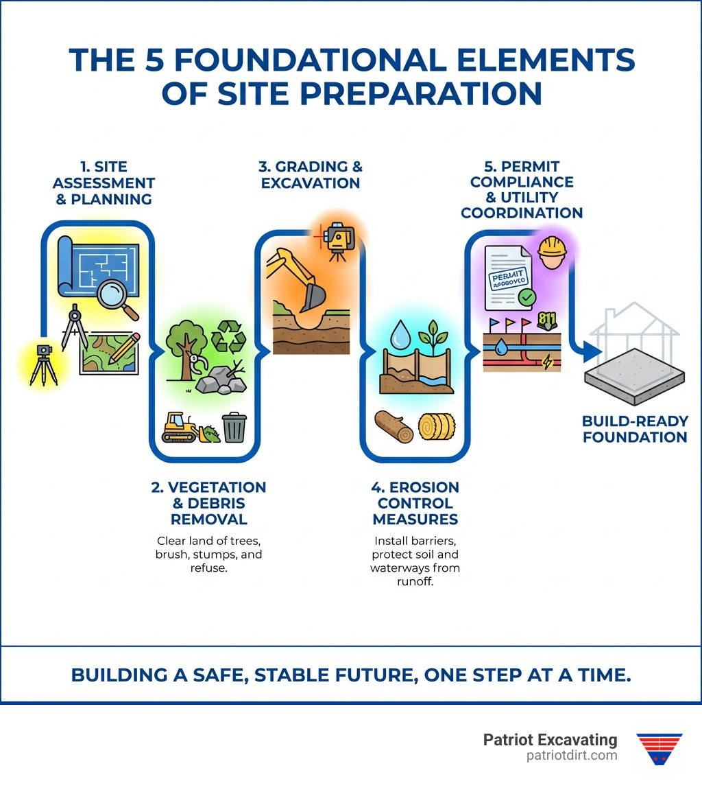 Infographic showing the 5 foundational elements of site preparation: site assessment and planning, vegetation and debris removal, grading and excavation, erosion control measures, and permit compliance and utility coordination - construction site clearance in Franklin infographic 