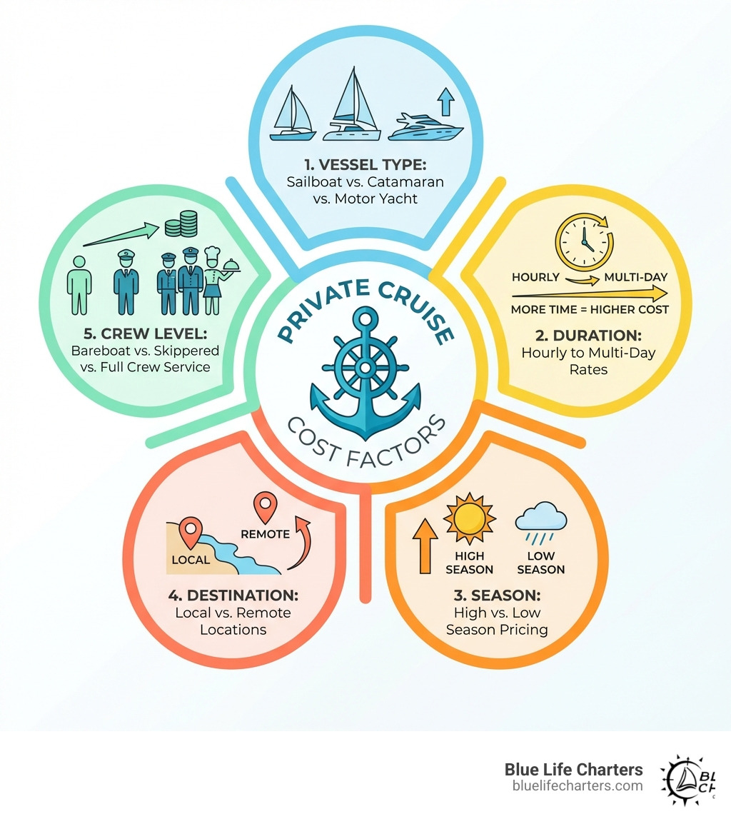 Infographic showing 5 key factors determining private cruise costs: 1. Vessel Type (sailboat vs. catamaran vs. motor yacht), 2. Duration (hourly to multi-day rates), 3. Season (high vs. low season pricing), 4. Destination (local vs. remote locations), 5. Crew Level (bareboat vs. skippered vs. full crew service) - cost of private cruise infographic 