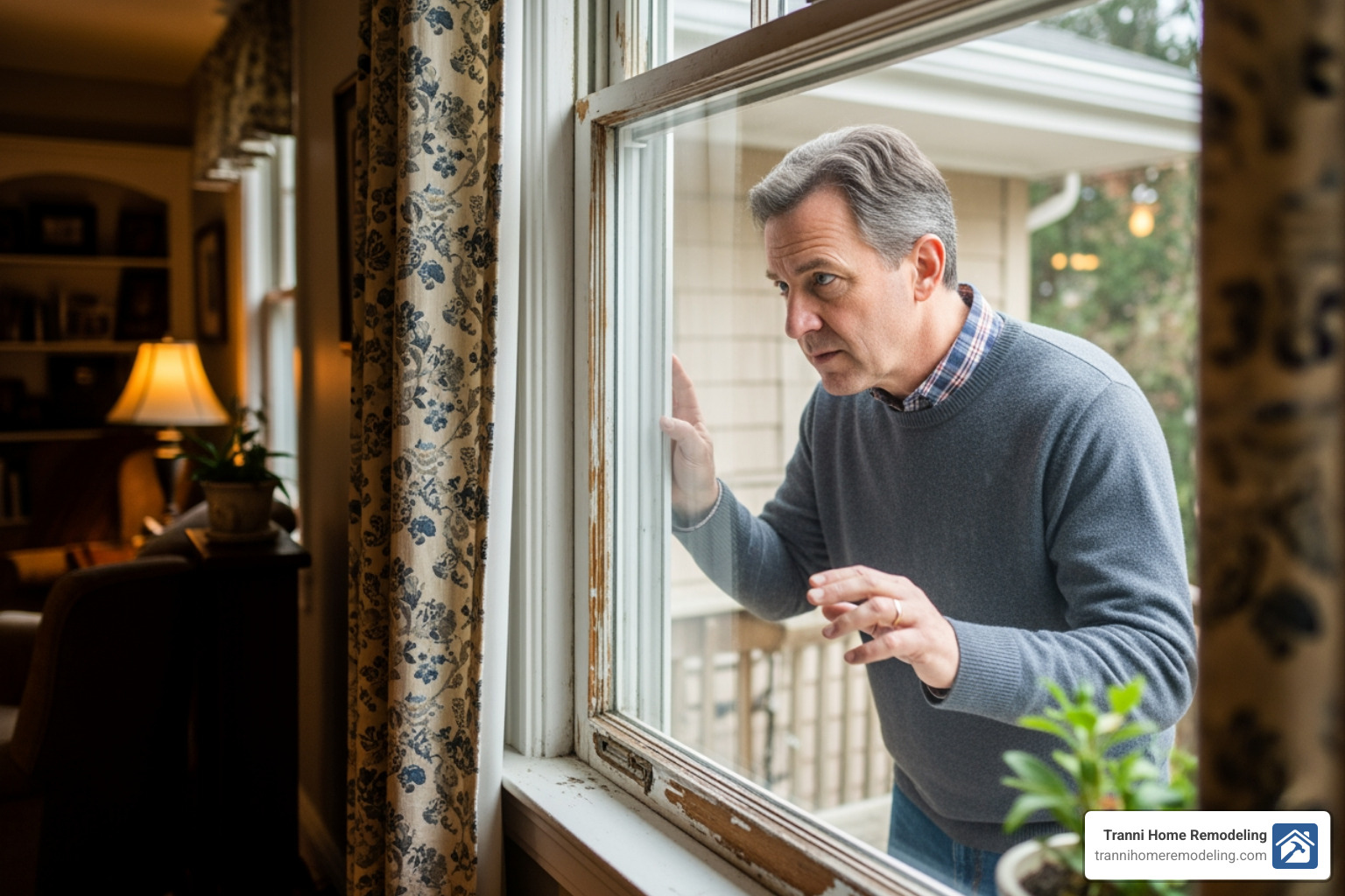homeowner inspecting old window - Window Replacement Contractor