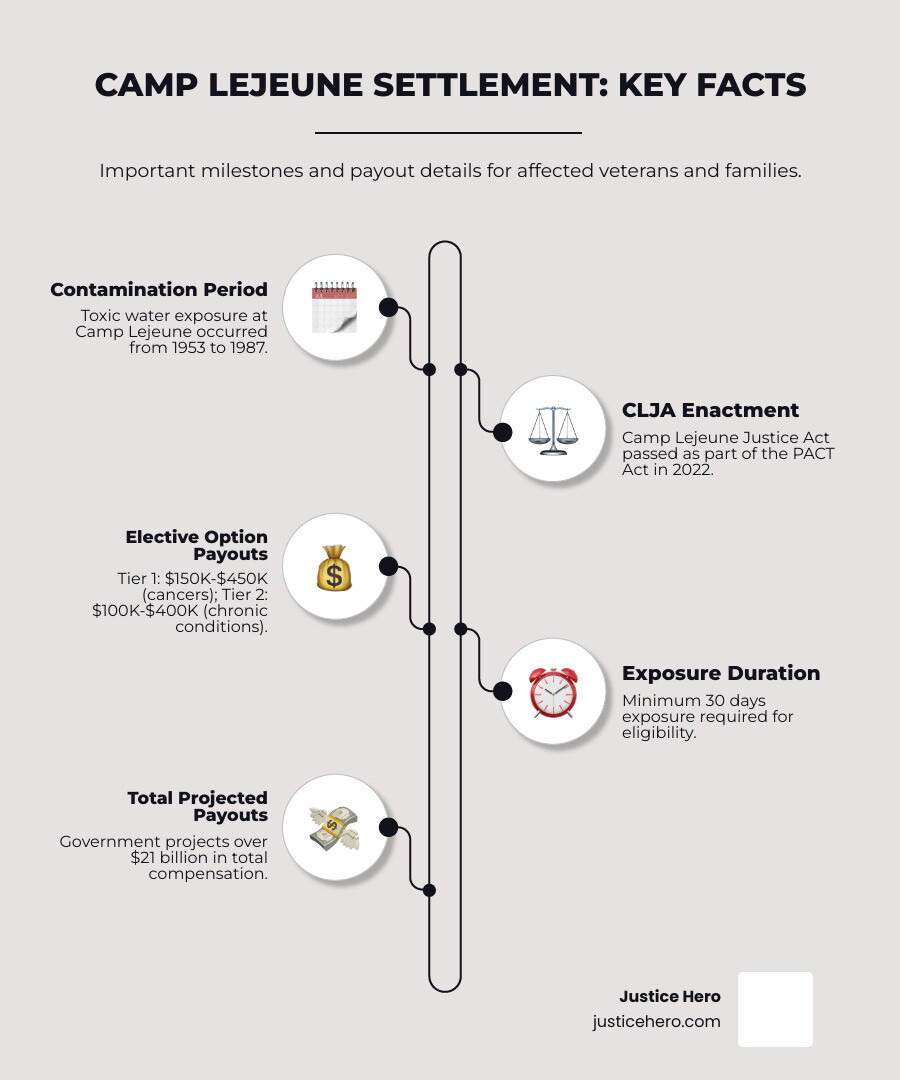 Infographic showing Camp Lejeune water contamination timeline from 1953-1987, the passage of the Camp Lejeune Justice Act in 2022, settlement tiers (Tier 1: $150,000-$450,000 for cancers, Tier 2: $100,000-$400,000 for chronic conditions), exposure duration requirements (30 days minimum), and total projected government payouts exceeding $21 billion - what is the average settlement for camp lejeune water contamination infographic infographic-line-5-steps-elegant_beige