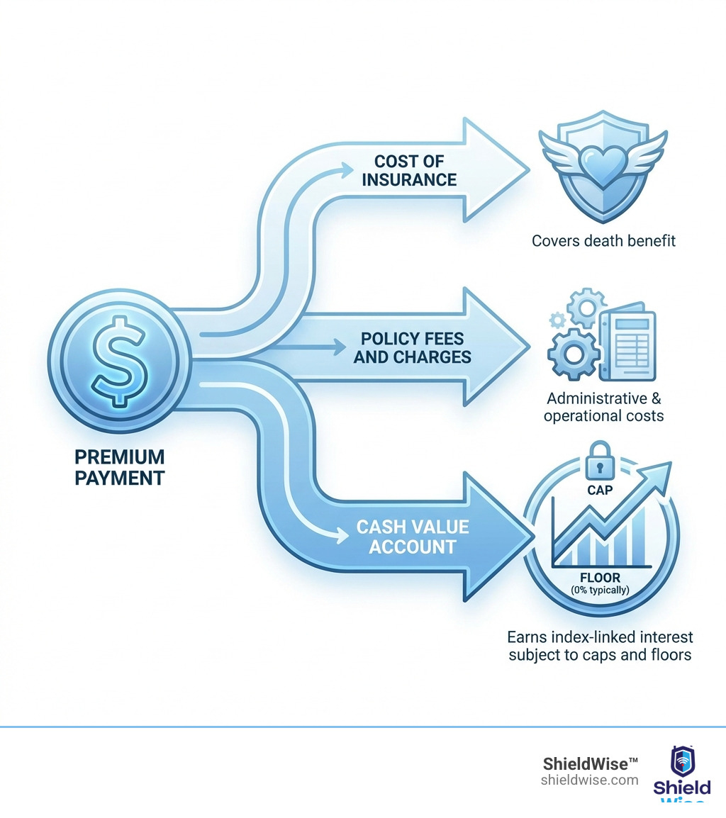 Infographic showing the flow of an IUL premium payment: a dollar splits into three paths labeled "Cost of Insurance (covers death benefit)," "Policy Fees and Charges," and "Cash Value Account (earns index-linked interest subject to caps and floors)" - how index universal life builds cash value infographic Infographic showing the flow of an IUL premium payment: a dollar splits into three paths labeled "Cost of Insurance (covers death benefit)," "Policy Fees and Charges," and "Cash Value Account (earns index-linked interest subject to caps and floors)" - how index universal life builds cash value infographic