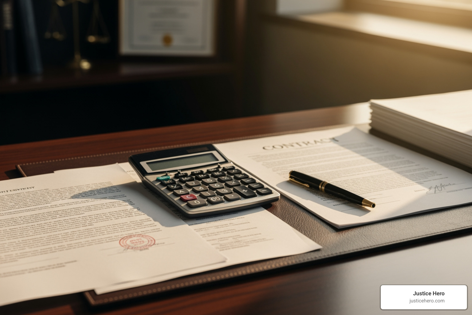 Calculator and legal documents symbolizing settlement calculations - what is the average settlement for camp lejeune water contamination