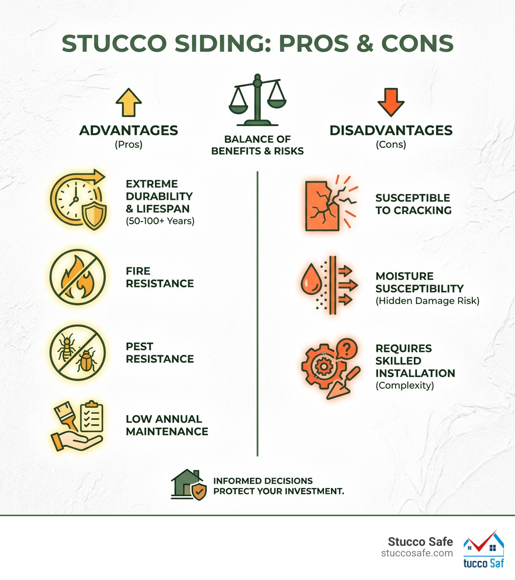 infographic showing the pros and cons of stucco siding including durability lifespan of 50-100 years fire resistance and pest resistance as advantages versus cracking moisture susceptibility and installation complexity as disadvantages - stucco exterior home infographic infographic showing the pros and cons of stucco siding including durability lifespan of 50-100 years fire resistance and pest resistance as advantages versus cracking moisture susceptibility and installation complexity as disadvantages - stucco exterior home infographic