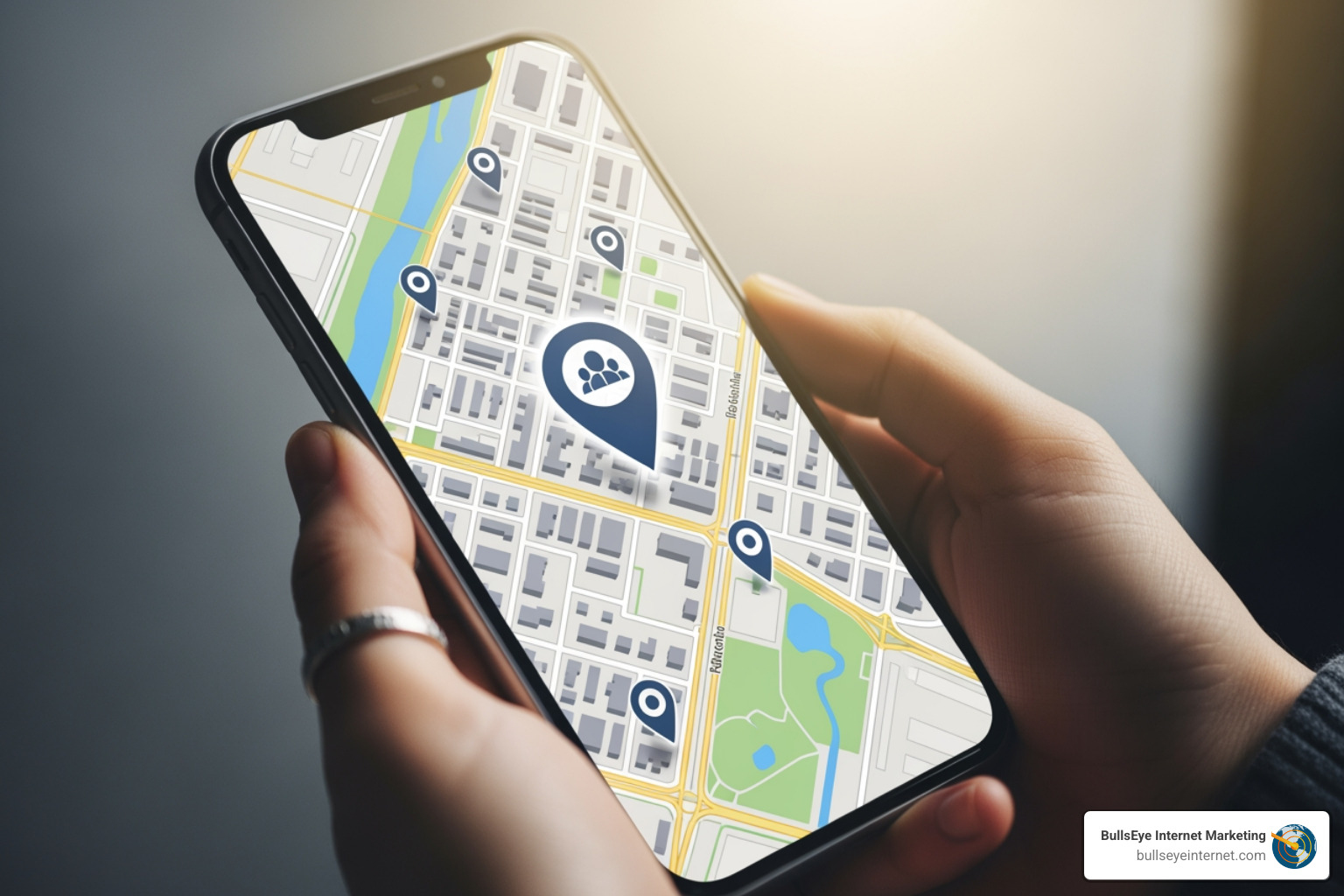 Person holding smartphone displaying Google Maps with location markers, emphasizing local business visibility and Google Business Profile optimization.