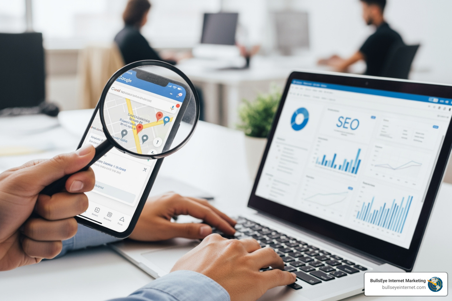 Hand holding smartphone displaying Google Maps with magnifying glass, alongside laptop showing SEO analytics dashboard, emphasizing Google Business Profile optimization for local search marketing.
