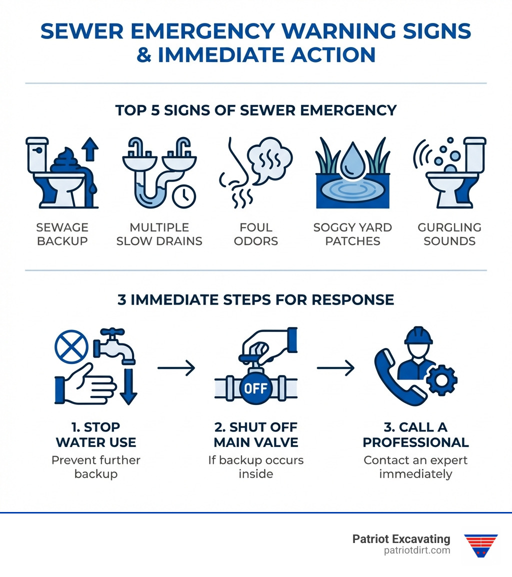 Infographic showing top 5 signs of sewer emergency including sewage backup, multiple slow drains, foul odors, soggy yard patches, and gurgling sounds, along with 3 immediate steps: stop water use, shut off main valve, and call a professional - emergency sewer line replacement infographic 