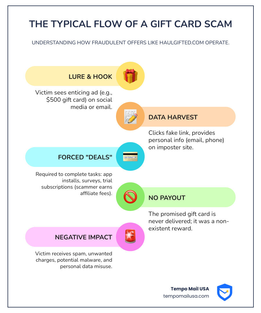 Infographic showing the typical flow of a gift card scam: victim sees ad for free gift card, clicks link to fake website, enters personal information, completes paid deals and subscriptions, never receives promised reward, and suffers spam and fraudulent charges - haulgifted.com scam infographic infographic-line-5-steps-colors