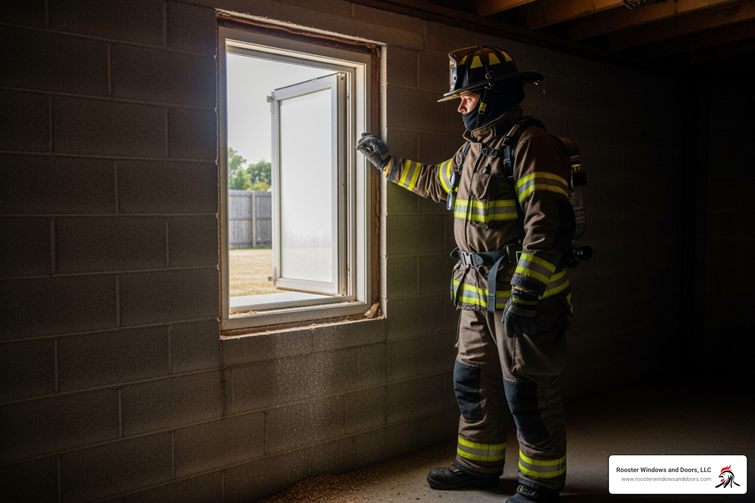 firefighter in full gear next to an egress window for scale - egress window 5.7 square feet