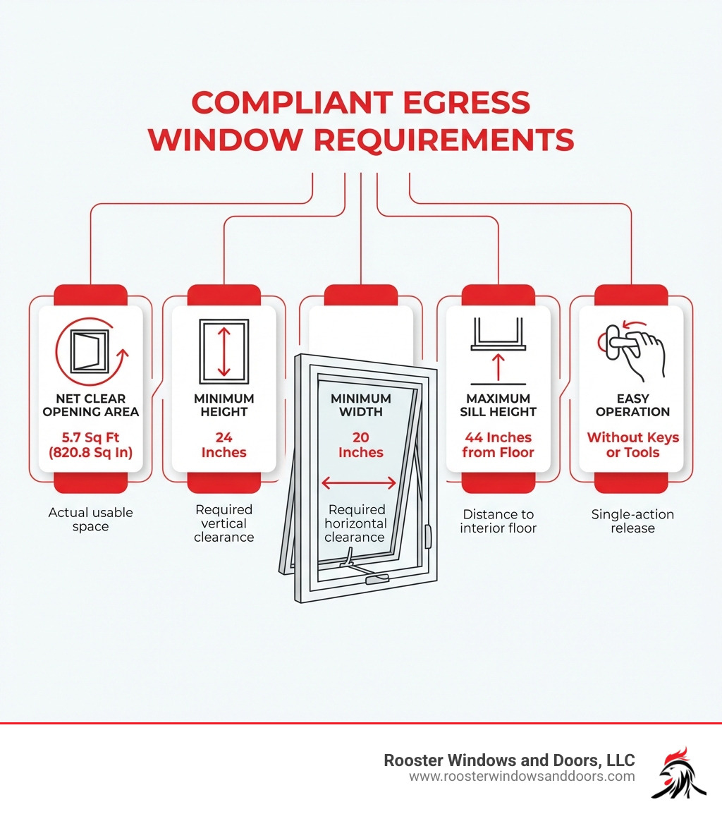 infographic showing the five key requirements of a compliant egress window: 5.7 square feet net clear opening area, 24-inch minimum height, 20-inch minimum width, 44-inch maximum sill height from floor, and easy operation without keys or tools - egress window 5.7 square feet infographic 