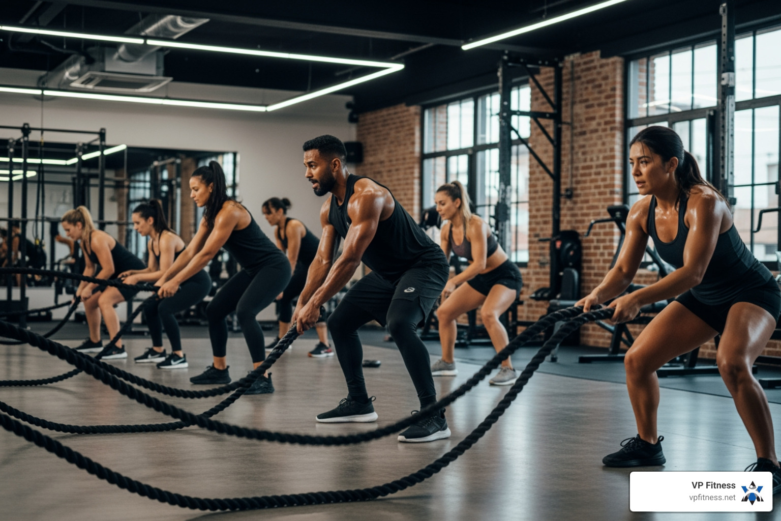 people using kettlebells and battle ropes in a high-energy class - workout classes providence