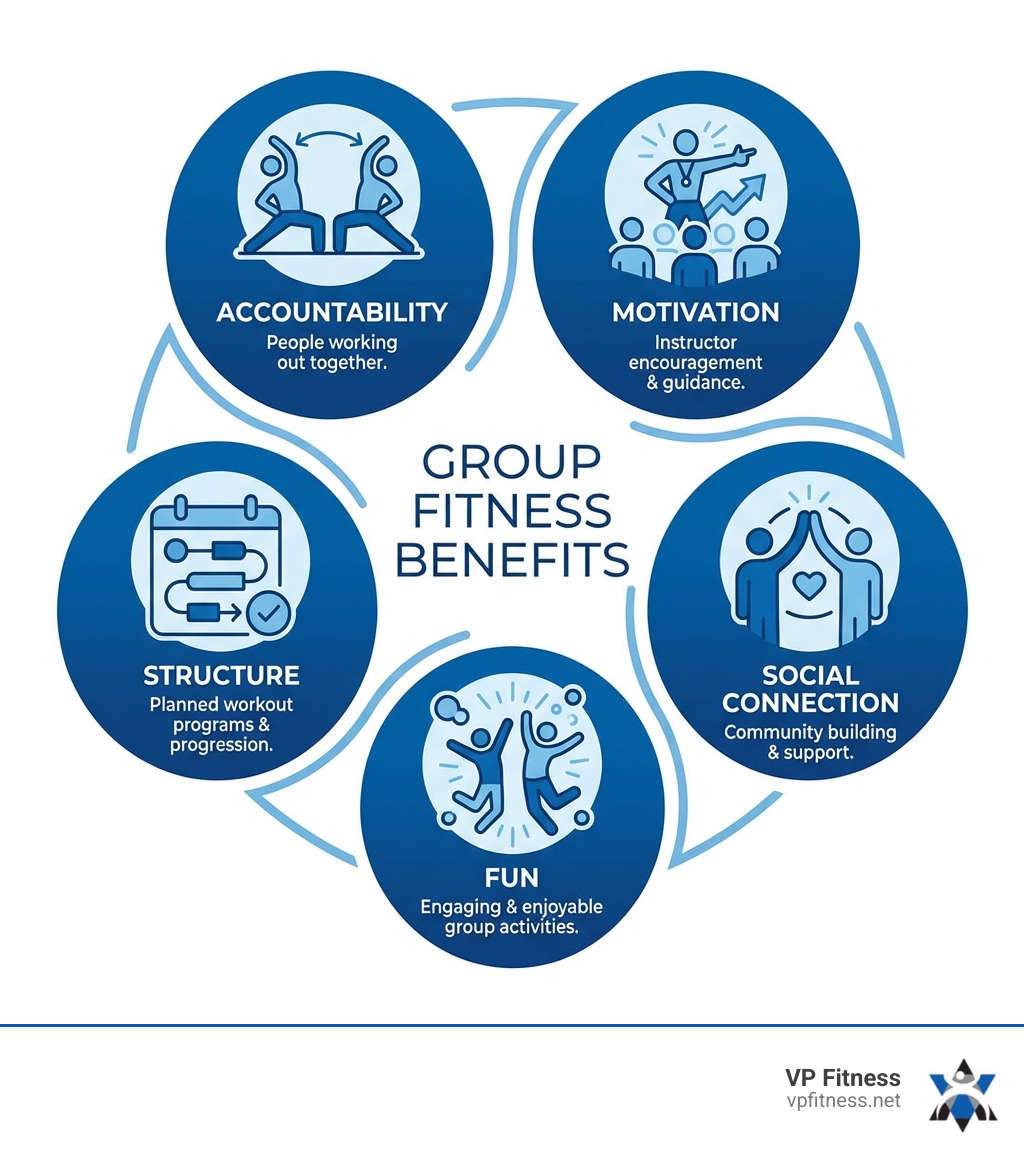 infographic showing benefits of group fitness classes including accountability with people working out together, motivation through instructor encouragement, structure with planned workout programs, social connection through community building, and fun through engaging group activities - workout classes providence infographic 