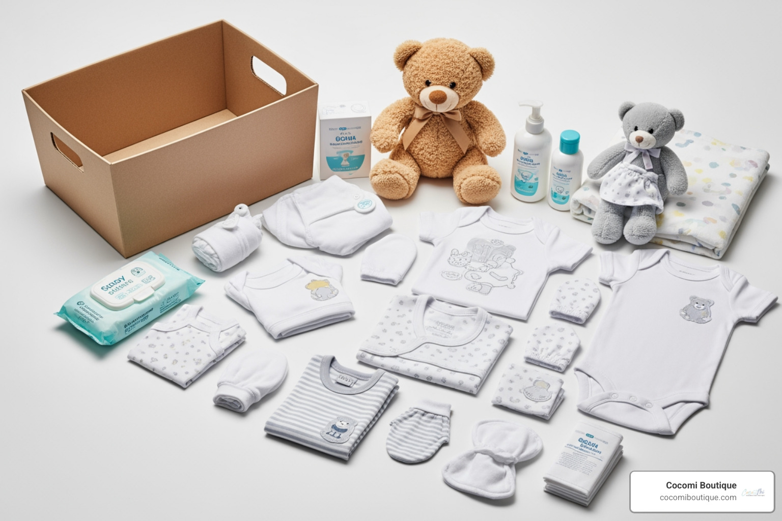 disassembled Cocomi Boutique gift basket - teddy bear in a basket