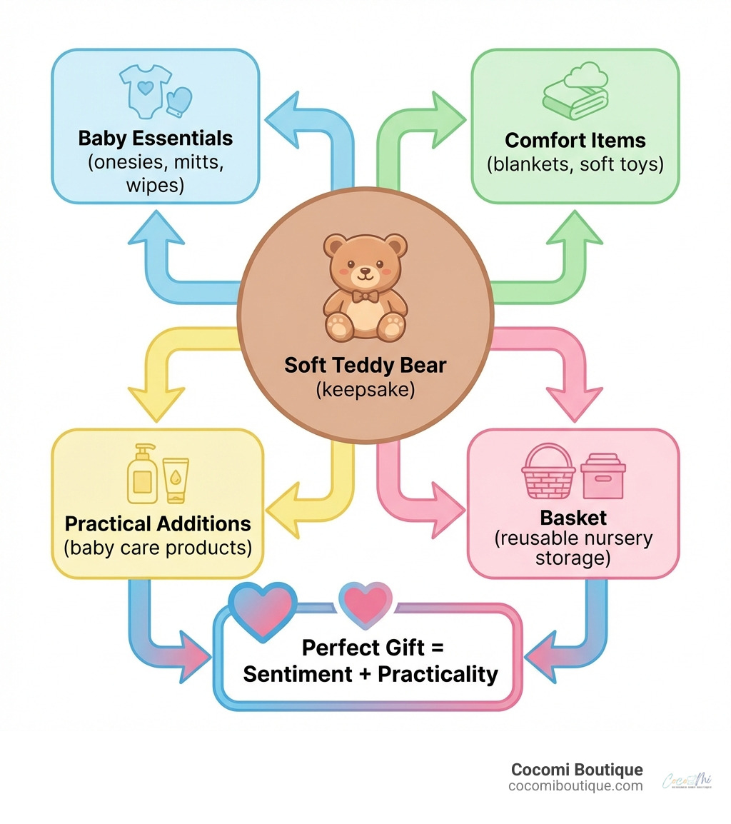 Infographic showing the anatomy of a perfect teddy bear gift basket: center circle labeled "Soft Teddy Bear (keepsake)" surrounded by four sections - "Baby Essentials (onesies, mitts, wipes)", "Comfort Items (blankets, soft toys)", "Practical Additions (baby care products)", and "Basket (reusable nursery storage)" with arrows pointing to "Perfect Gift = Sentiment + Practicality" - teddy bear in a basket infographic 