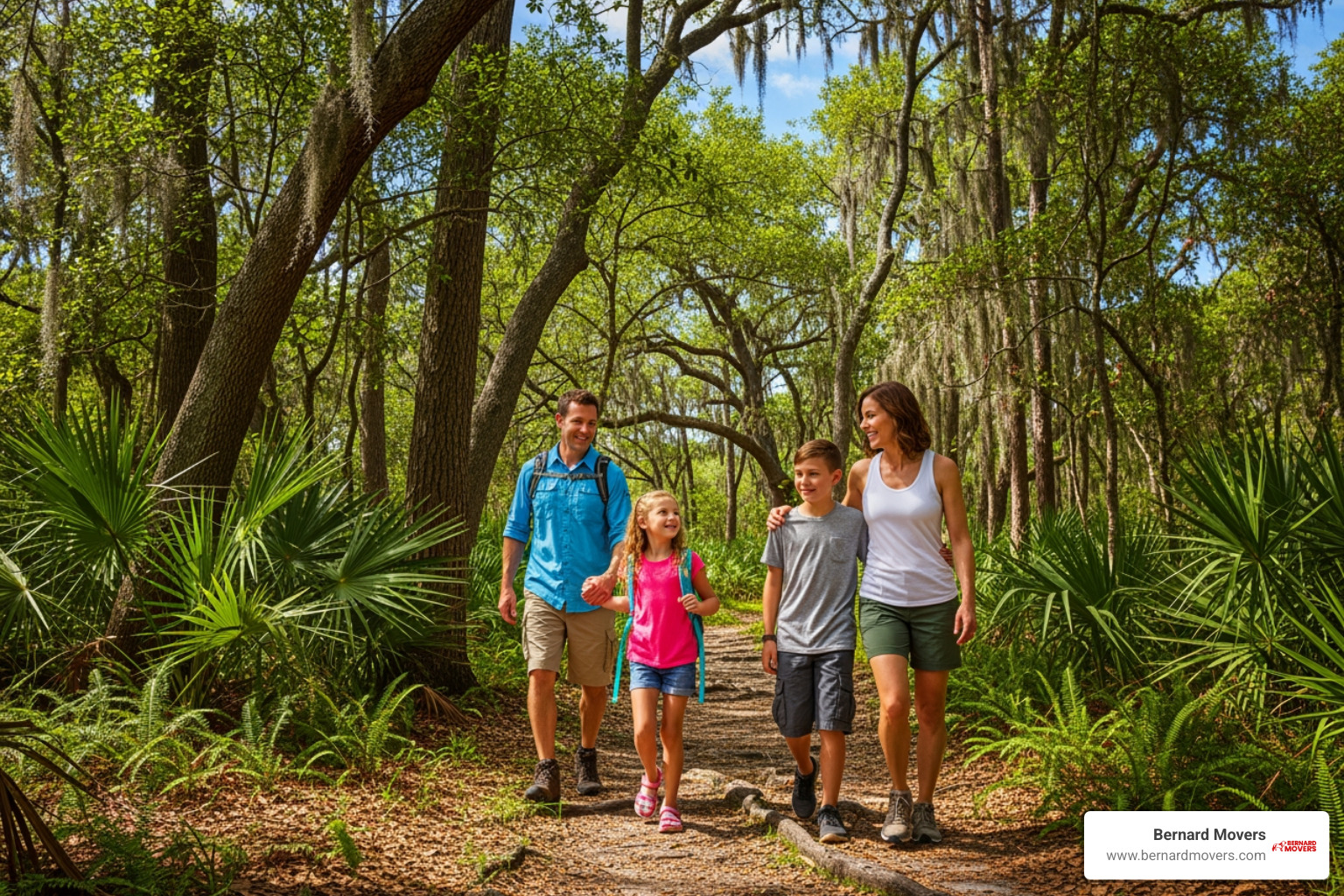 A family enjoying a Florida state park, hiking on a trail with lush greenery - relocate to Florida A family enjoying a Florida state park, hiking on a trail with lush greenery - relocate to Florida