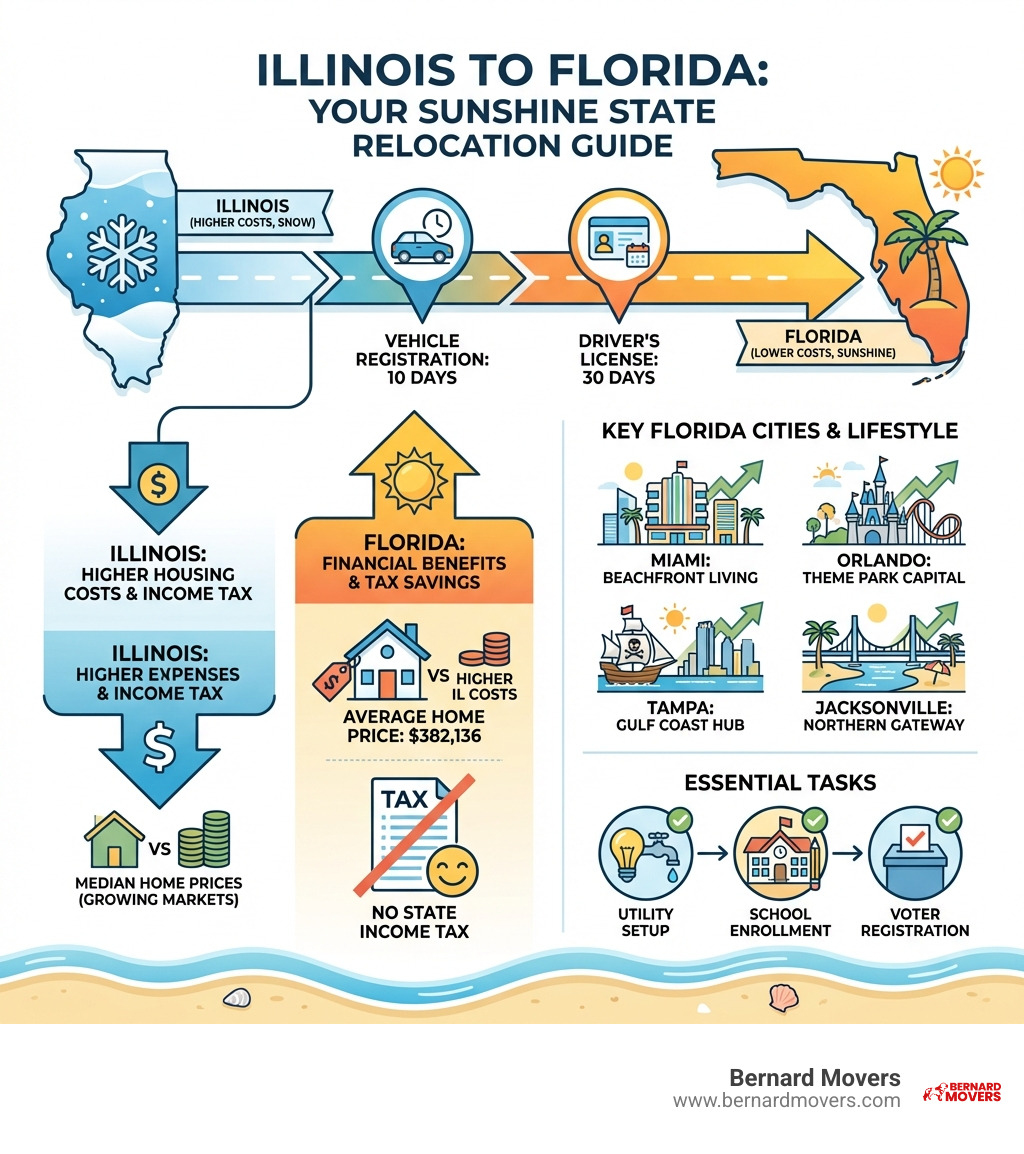 Infographic showing a step-by-step visual guide for relocating from Illinois to Florida, including timeline markers for vehicle registration at 10 days, driver's license at 30 days, cost comparison showing Florida's $382,136 average home price versus higher Illinois costs, tax benefits highlighting no state income tax, key cities like Miami, Orlando, Tampa, and Jacksonville with median home prices, and essential tasks like utility setup, school enrollment, and voter registration - relocate to Florida infographic Infographic showing a step-by-step visual guide for relocating from Illinois to Florida, including timeline markers for vehicle registration at 10 days, driver's license at 30 days, cost comparison showing Florida's $382,136 average home price versus higher Illinois costs, tax benefits highlighting no state income tax, key cities like Miami, Orlando, Tampa, and Jacksonville with median home prices, and essential tasks like utility setup, school enrollment, and voter registration - relocate to Florida infographic