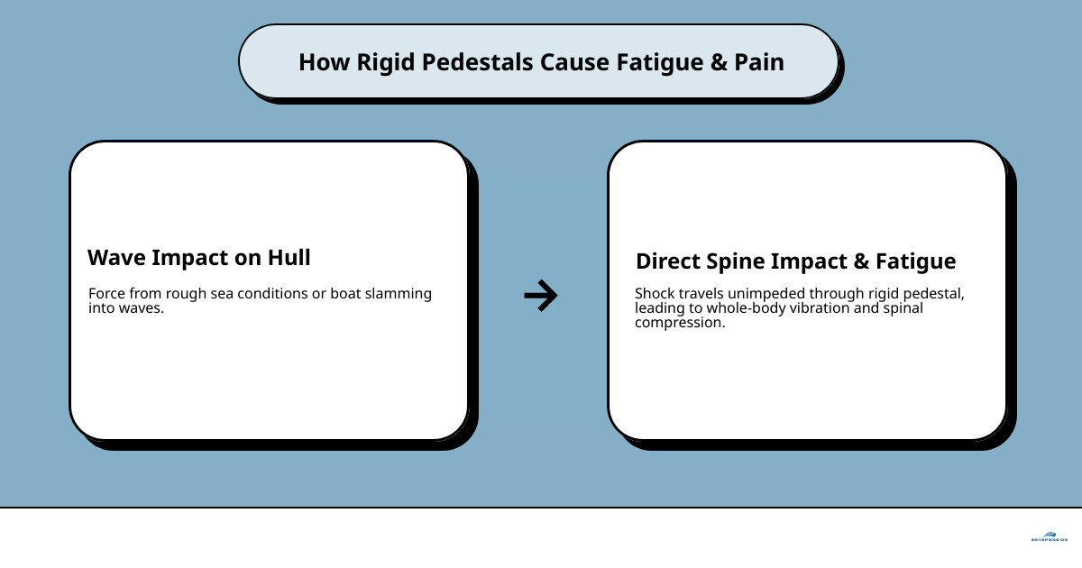 infographic showing how shock travels from hull impact through a rigid pedestal directly to the operator's spine, with force arrows indicating the path of energy transfer and highlighting the lack of absorption in traditional fixed pedestals - boat seat pedestal replacement infographic cause_effect_text