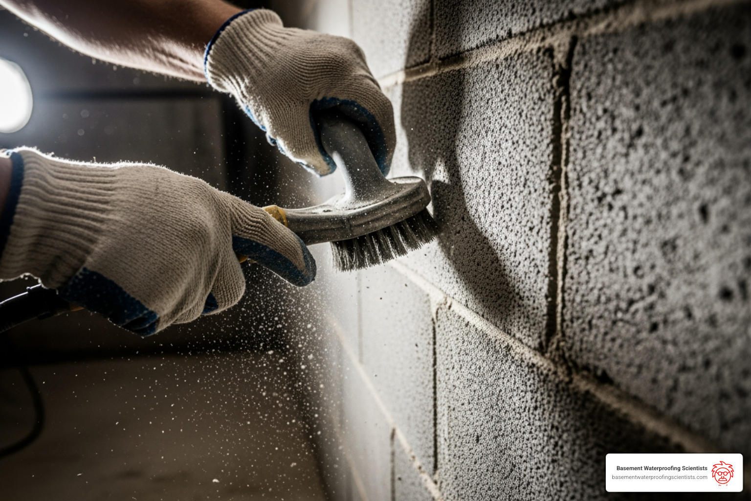 person wire-brushing a block wall - cement block waterproofing
