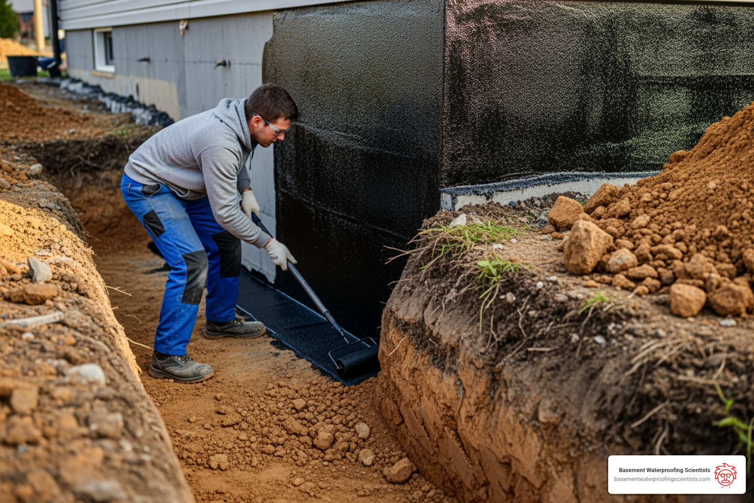 exterior foundation wall being coated with a black membrane - cement block waterproofing