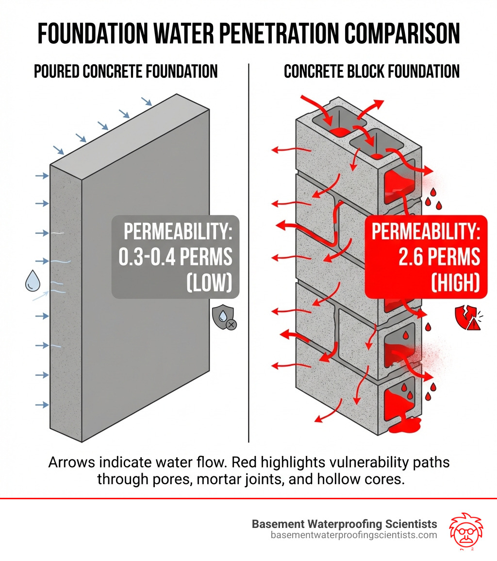 infographic showing a cross-section comparison of a poured concrete foundation wall versus a concrete block foundation wall, with arrows indicating water penetration paths through the concrete block's pores, mortar joints, and hollow cores, alongside permeability statistics showing 0.3-0.4 perms for poured concrete versus 2.6 perms for concrete blocks - cement block waterproofing infographic 