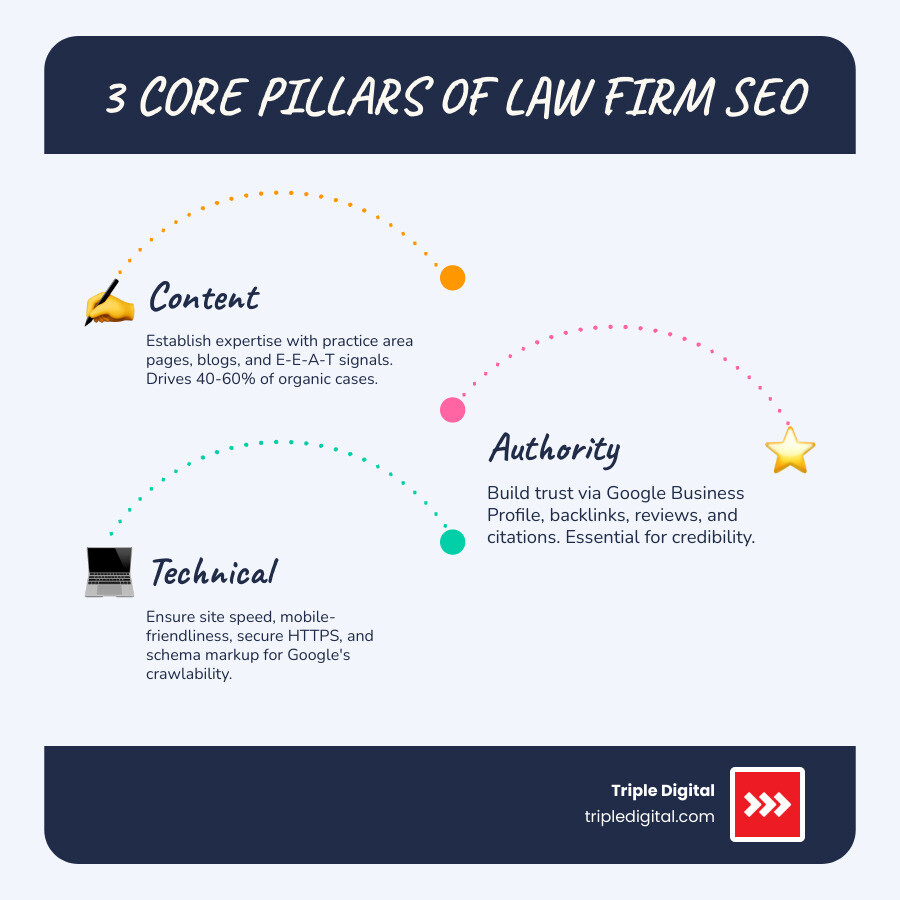 Infographic showing the three core pillars of law firm SEO: Content (practice area pages, blogs, E-E-A-T signals), Authority (Google Business Profile, backlinks, reviews, citations), and Technical (site speed, mobile-friendly, secure HTTPS, schema markup). Each pillar shows key metrics: Content drives 40-60% of organic cases, Authority builds trust with Google and clients, Technical ensures Google can find and rank your site. Bottom shows timeline: 3-6 months for initial results, 6-12 months for significant impact, with $7-$12 ROI per dollar invested. - seo for attorneys lawyers infographic infographic-line-3-steps-blues-accent_colors Infographic showing the three core pillars of law firm SEO: Content (practice area pages, blogs, E-E-A-T signals), Authority (Google Business Profile, backlinks, reviews, citations), and Technical (site speed, mobile-friendly, secure HTTPS, schema markup). Each pillar shows key metrics: Content drives 40-60% of organic cases, Authority builds trust with Google and clients, Technical ensures Google can find and rank your site. Bottom shows timeline: 3-6 months for initial results, 6-12 months for significant impact, with $7-$12 ROI per dollar invested. - seo for attorneys lawyers infographic infographic-line-3-steps-blues-accent_colors