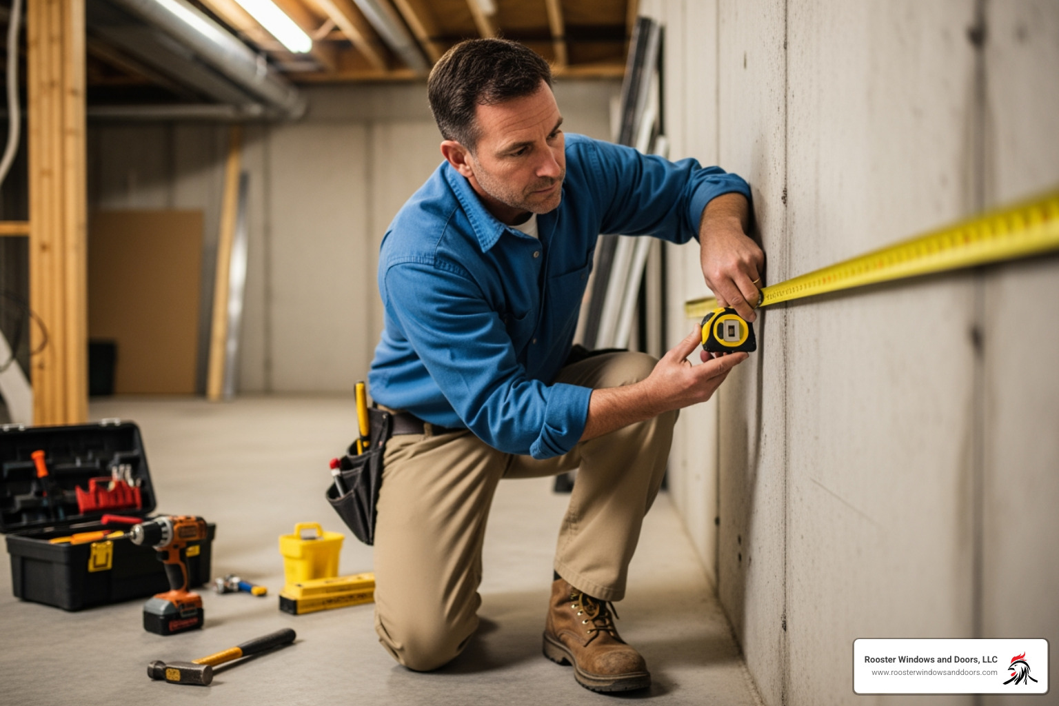 contractor measuring basement wall - basement window cutting