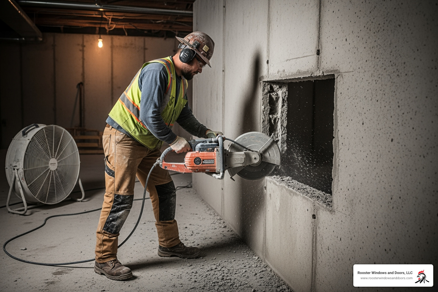 professional using wet concrete saw - basement window cutting