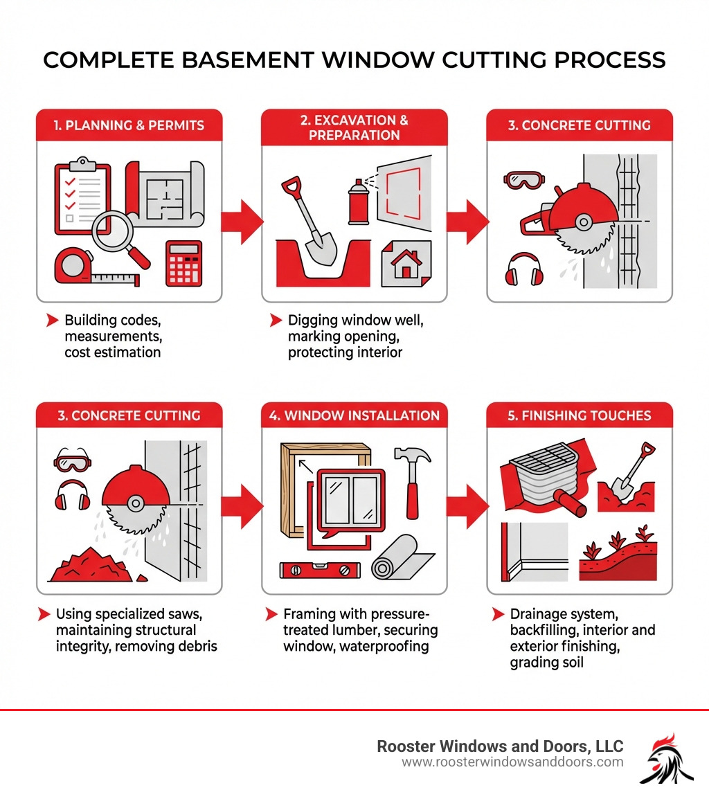 Infographic showing the complete basement window cutting process: 1. Planning and permits (building codes, measurements, cost estimation), 2. Excavation and preparation (digging window well, marking opening, protecting interior), 3. Concrete cutting (using specialized saws, maintaining structural integrity, removing debris), 4. Window installation (framing with pressure-treated lumber, securing window, waterproofing), 5. Finishing touches (drainage system, backfilling, interior and exterior finishing, grading soil) - basement window cutting infographic 