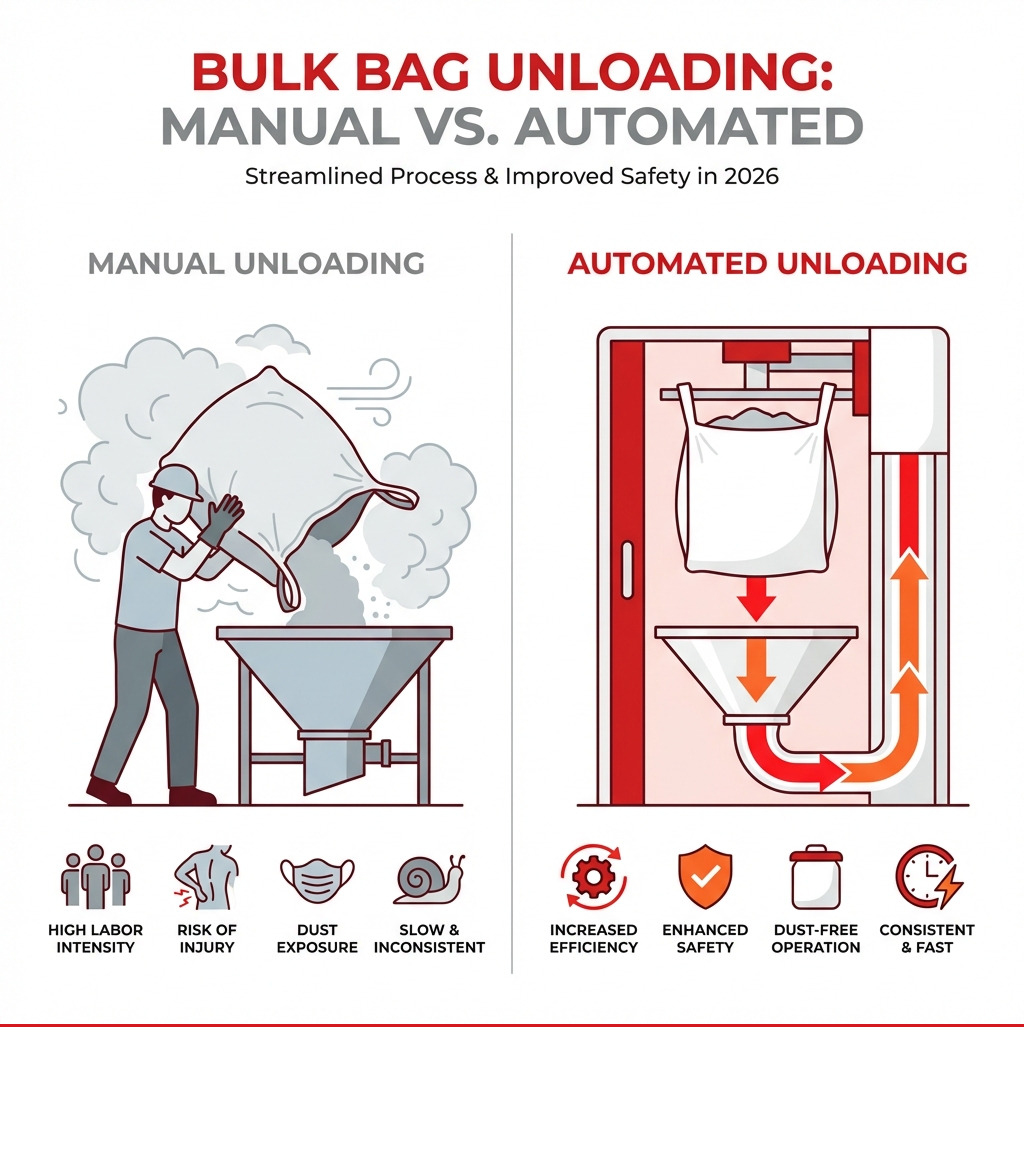 Infographic comparing manual and automated bulk bag unloading Infographic comparing manual and automated bulk bag unloading