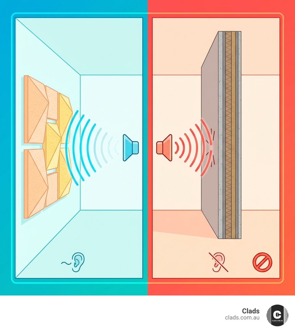 Infographic comparing sound absorption and soundproofing: Left side shows acoustic panels inside a room absorbing sound waves and reducing echo (sound absorption), with wavy lines being dampened; Right side shows a thick wall with mass and layers blocking sound transmission between two rooms (soundproofing), with sound waves being stopped at the barrier - acoustic isolation panels infographic 