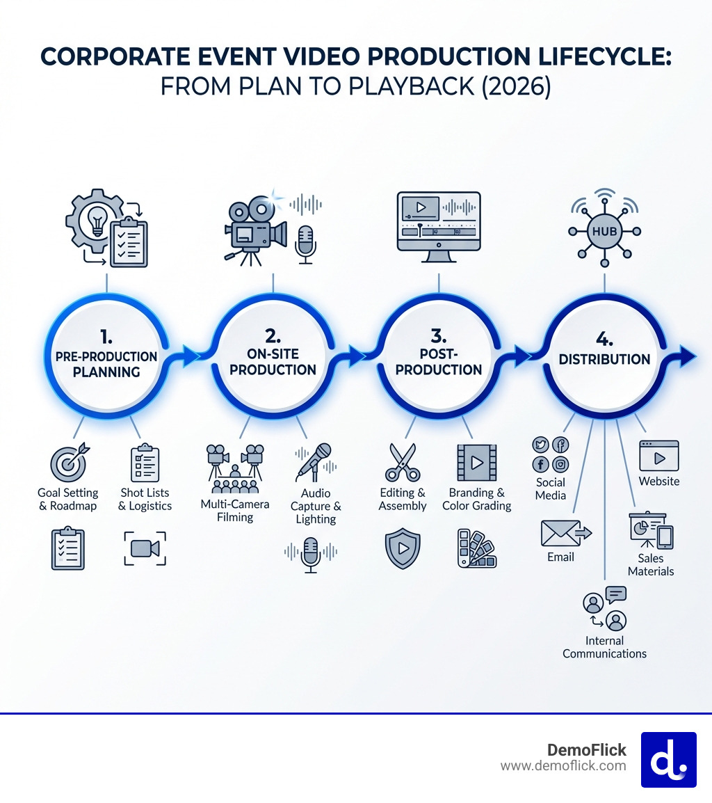 Infographic showing the complete corporate event video production lifecycle: pre-production planning with goal setting and shot lists, on-site production with multi-camera filming and audio capture, post-production with editing and branding, and distribution across social media, website, email, sales materials, and internal communications - Corporate event video production infographic Infographic showing the complete corporate event video production lifecycle: pre-production planning with goal setting and shot lists, on-site production with multi-camera filming and audio capture, post-production with editing and branding, and distribution across social media, website, email, sales materials, and internal communications - Corporate event video production infographic