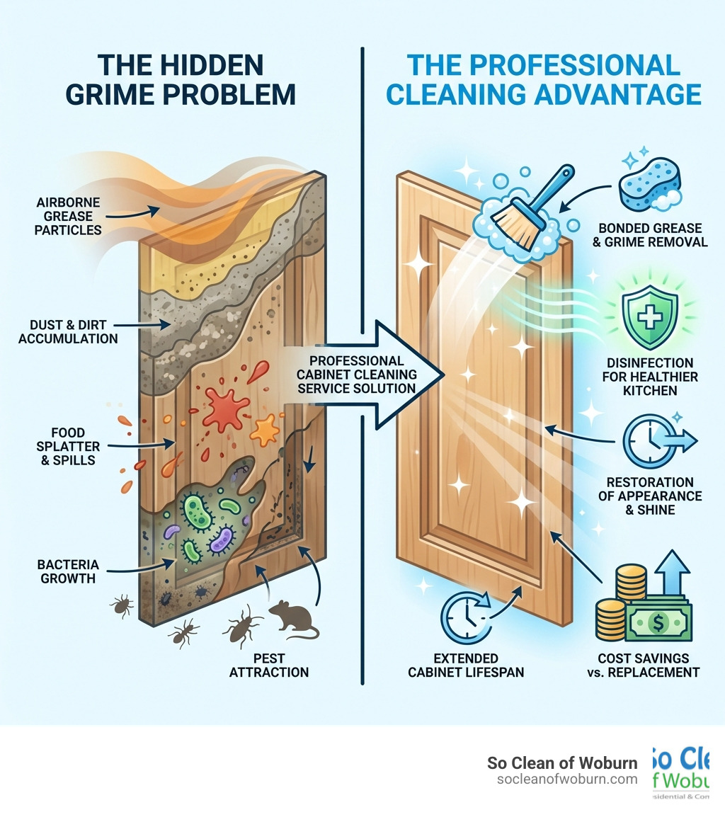 Infographic showing the layers of hidden grime on kitchen cabinets including airborne grease particles that settle on surfaces, dust and dirt accumulation, food splatter and spills, bacteria growth in grimy areas, and pest attraction from food residue, contrasted with the benefits of professional cabinet cleaning service such as removal of bonded grease and grime, disinfection for a healthier kitchen, restoration of cabinet appearance and shine, extended cabinet lifespan by preventing finish damage, and cost savings compared to replacement - Cabinet cleaning service infographic Infographic showing the layers of hidden grime on kitchen cabinets including airborne grease particles that settle on surfaces, dust and dirt accumulation, food splatter and spills, bacteria growth in grimy areas, and pest attraction from food residue, contrasted with the benefits of professional cabinet cleaning service such as removal of bonded grease and grime, disinfection for a healthier kitchen, restoration of cabinet appearance and shine, extended cabinet lifespan by preventing finish damage, and cost savings compared to replacement - Cabinet cleaning service infographic