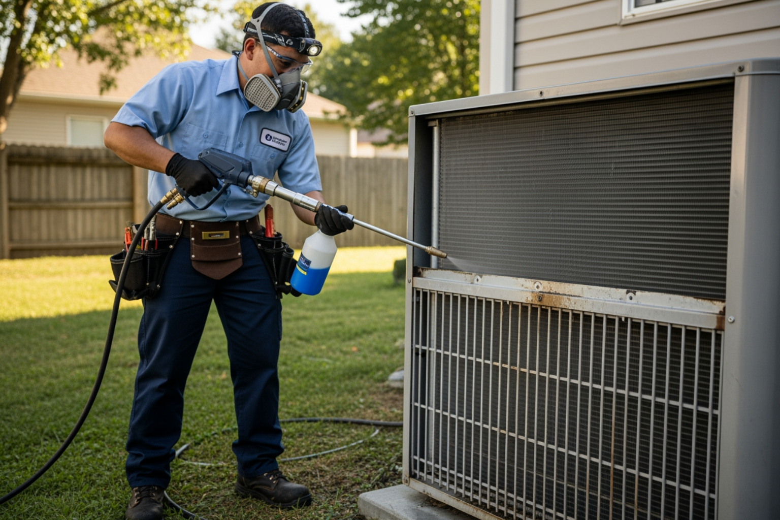 A professional hvac technician wearing protective gear, inspecting and cleaning an ac unit's coils with specialized equipment - mold in ac coils