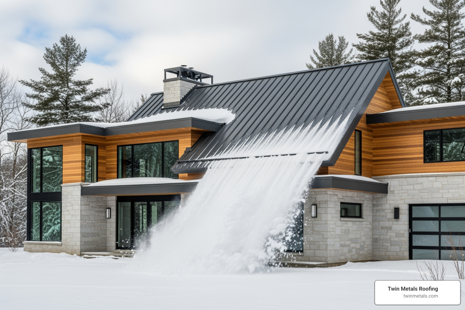 A sleek standing seam metal roof on a modern New England home easily shedding snow in a winter setting - metal roofing companies near me A sleek standing seam metal roof on a modern New England home easily shedding snow in a winter setting - metal roofing companies near me