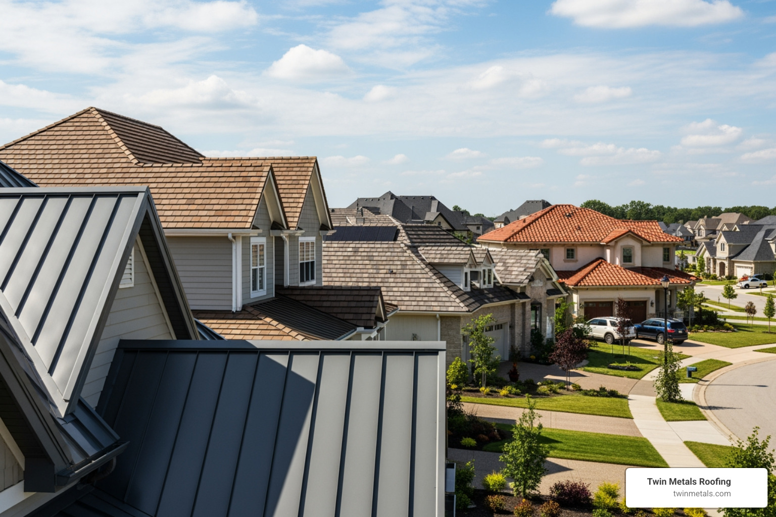 Different metal roof styles including standing seam, metal shingles, and metal tiles on various homes - metal roofing companies near me Different metal roof styles including standing seam, metal shingles, and metal tiles on various homes - metal roofing companies near me