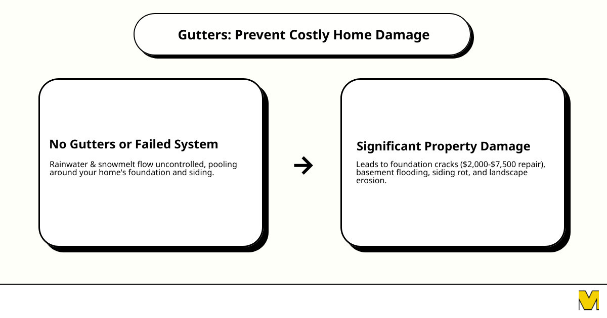 Infographic showing how gutters channel rainwater and snowmelt away from a home's foundation, siding, and landscaping, with cost comparisons between preventive gutter installation versus foundation repair, basement waterproofing, and siding replacement in Salt Lake City - gutter installation Salt Lake City infographic cause_effect_text Infographic showing how gutters channel rainwater and snowmelt away from a home's foundation, siding, and landscaping, with cost comparisons between preventive gutter installation versus foundation repair, basement waterproofing, and siding replacement in Salt Lake City - gutter installation Salt Lake City infographic cause_effect_text