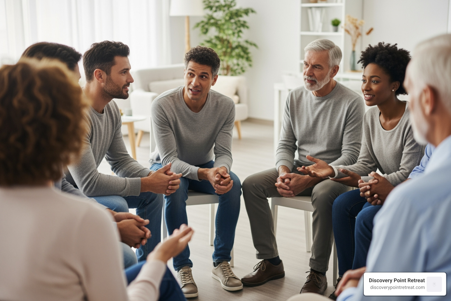 A diverse group of individuals engaged in a group therapy session, actively listening and sharing - 30 day rehabs near me