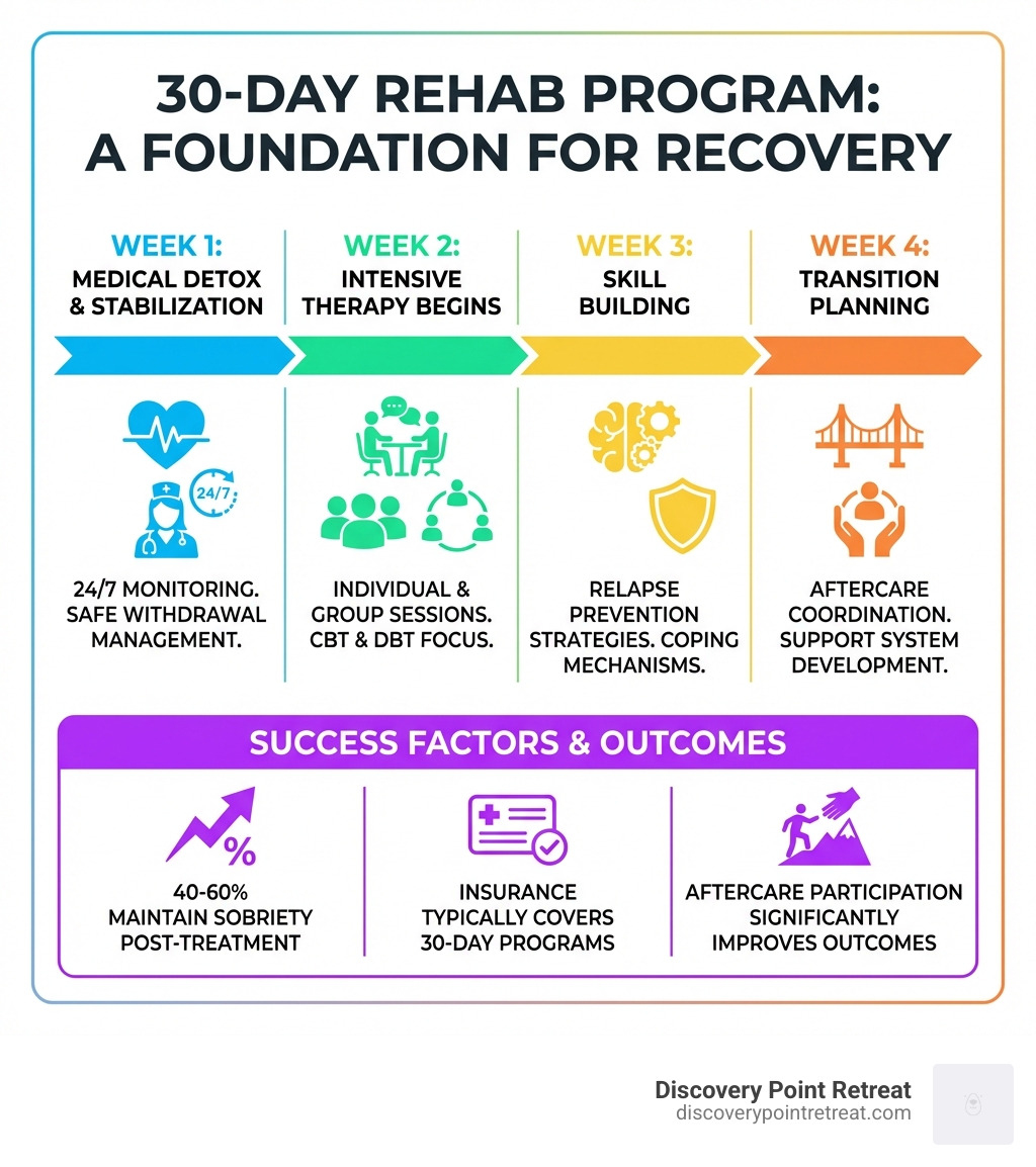 Infographic showing the key components of a 30-day rehab program: Week 1 - Medical Detox and Stabilization with 24/7 monitoring; Week 2 - Intensive Therapy begins with individual and group sessions using CBT and DBT; Week 3 - Skill Building including relapse prevention strategies and coping mechanisms; Week 4 - Transition Planning with aftercare coordination and support system development. Bottom section shows success factors: 40-60% maintain sobriety post-treatment, Insurance typically covers 30-day programs, Aftercare participation significantly improves outcomes - 30 day rehabs near me infographic 